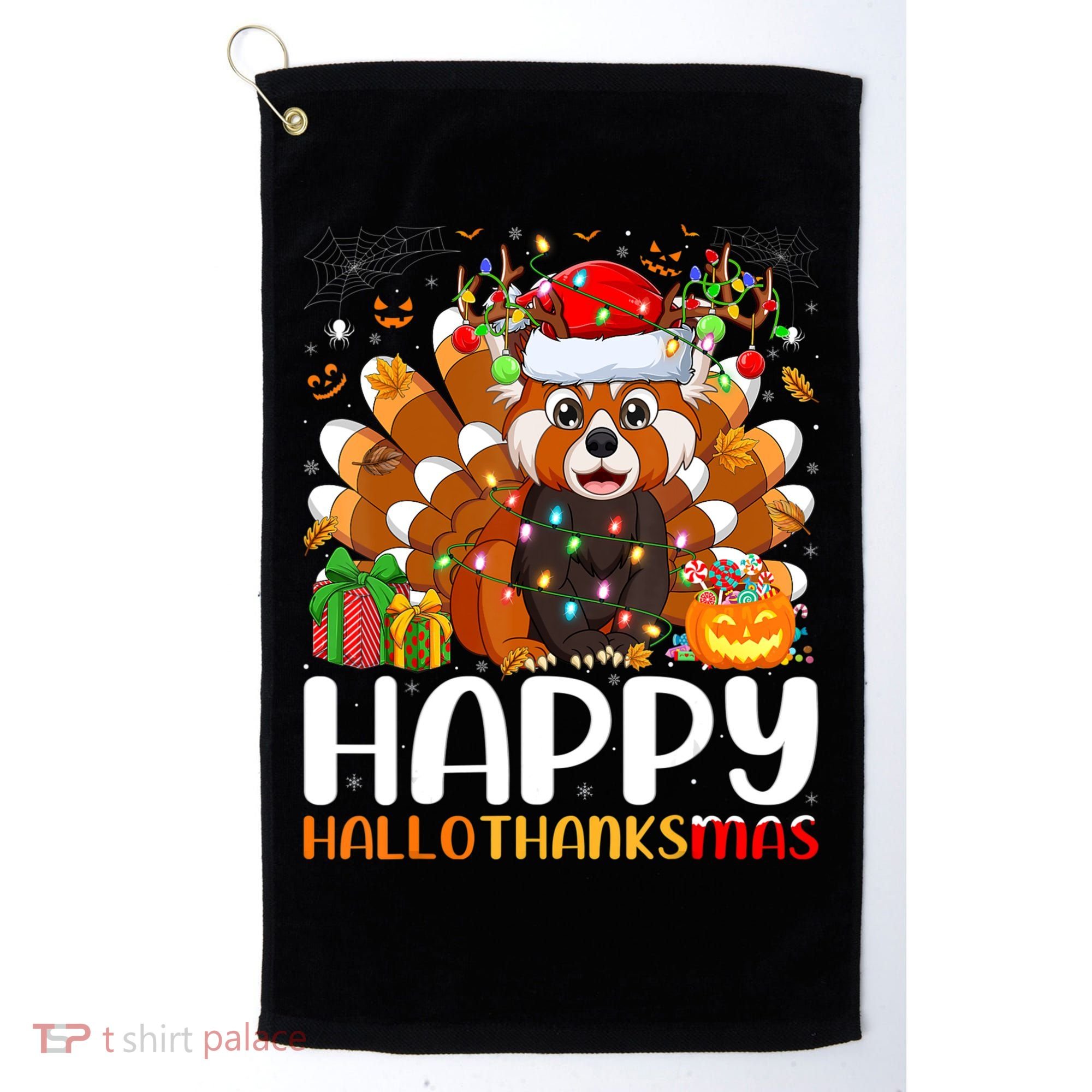 Red Panda Christmas Lights Santa Hat Pajamas Gift Golf Towel