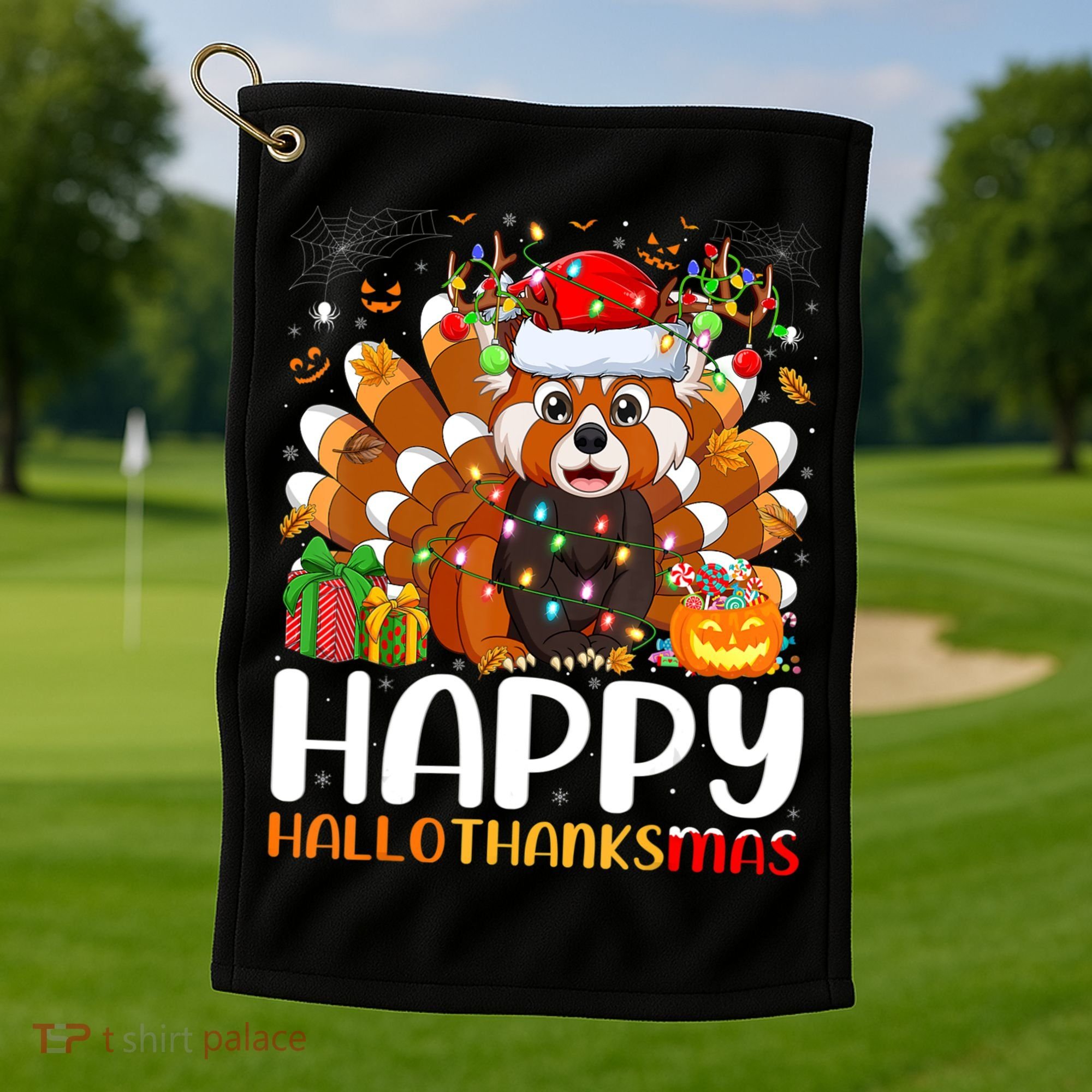 Red Panda Christmas Lights Santa Hat Pajamas Gift Golf Towel