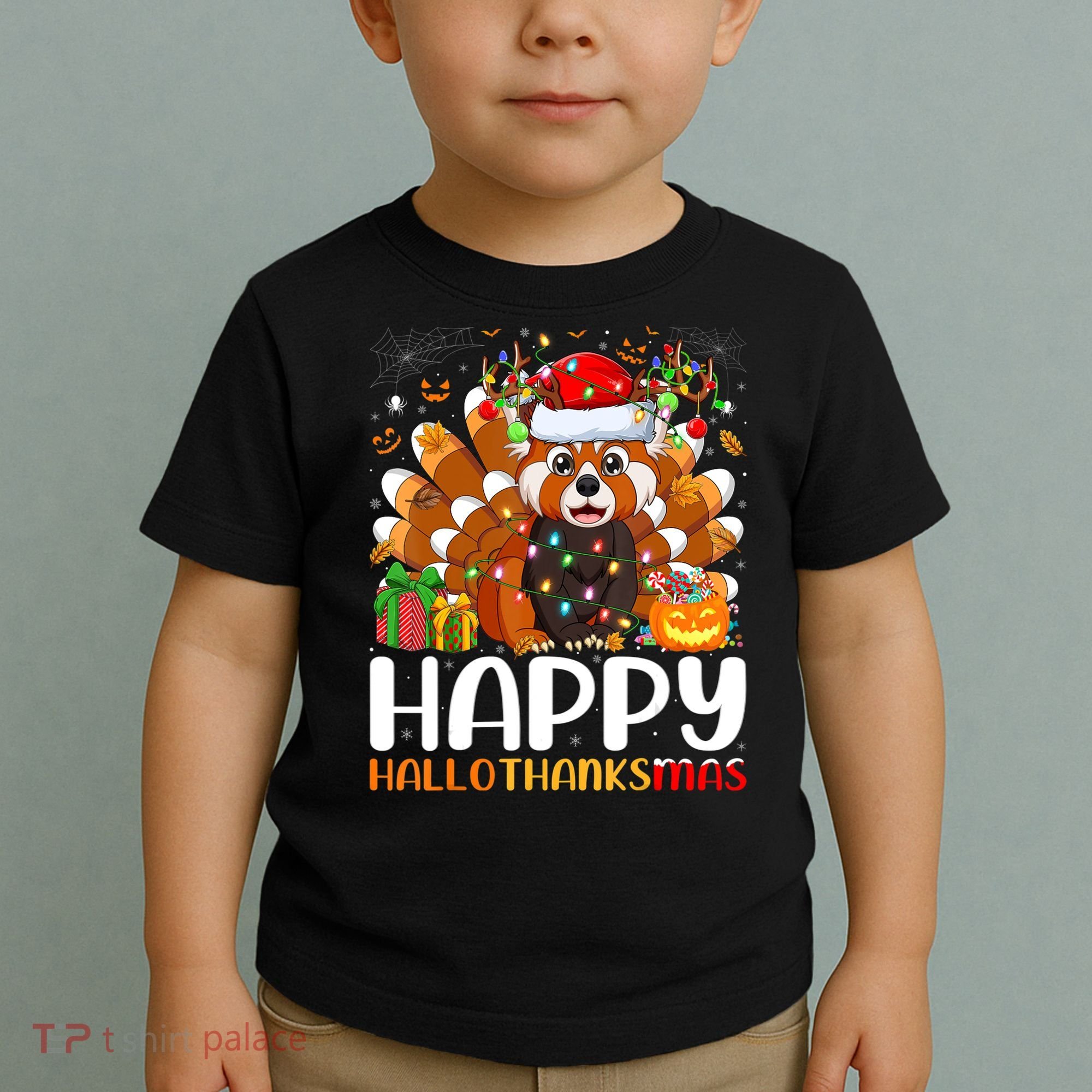 Red Panda Christmas Lights Santa Hat Pajamas Gift Toddler T-Shirt