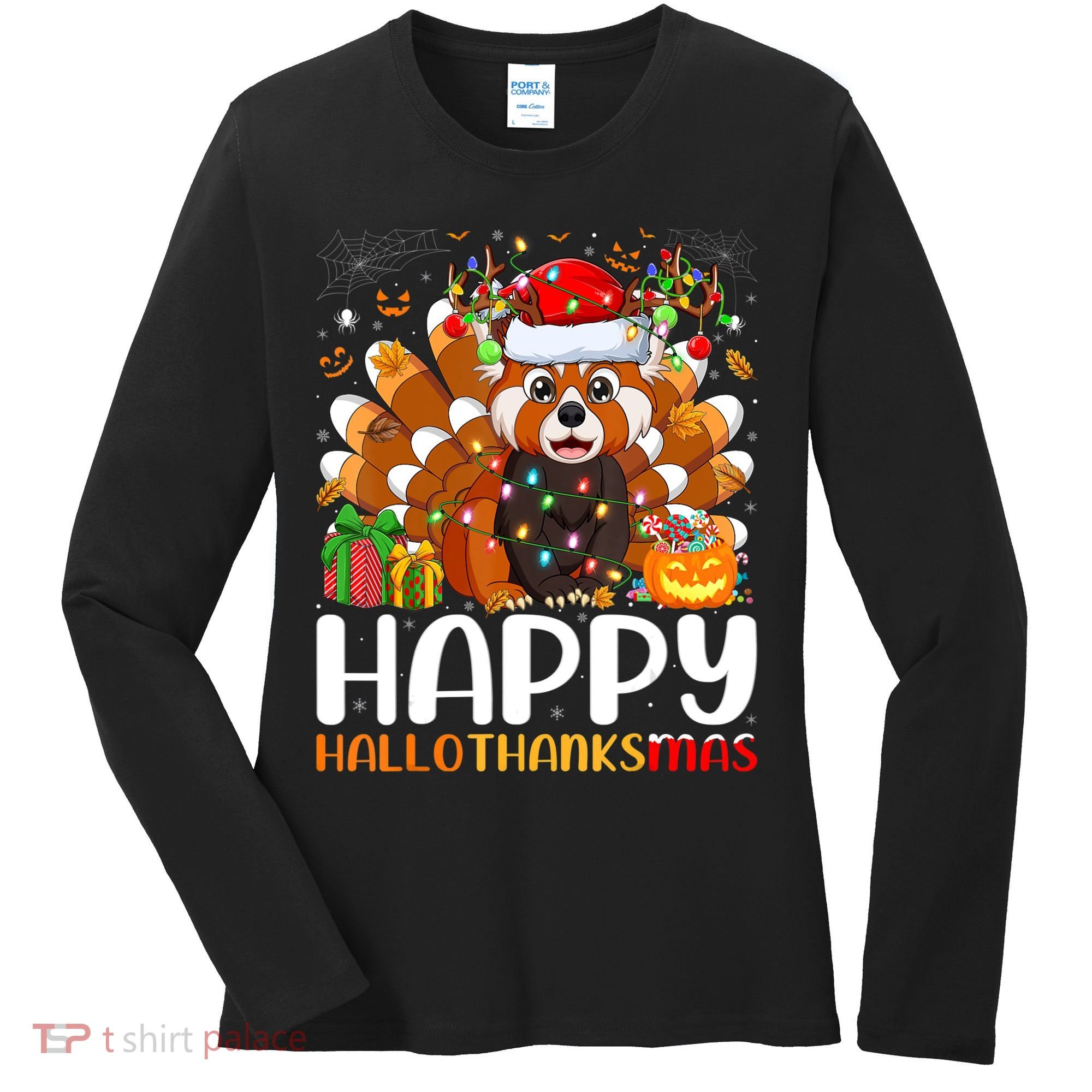 Red Panda Christmas Lights Santa Hat Pajamas Gift Women's Long Sleeve Shirt