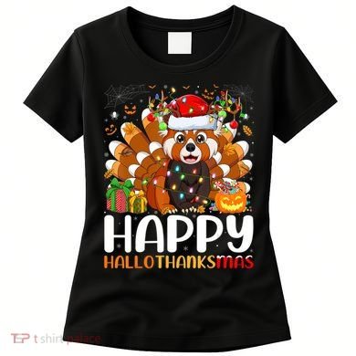 Red Panda Christmas Lights Santa Hat Pajamas Gift Women's T-Shirt