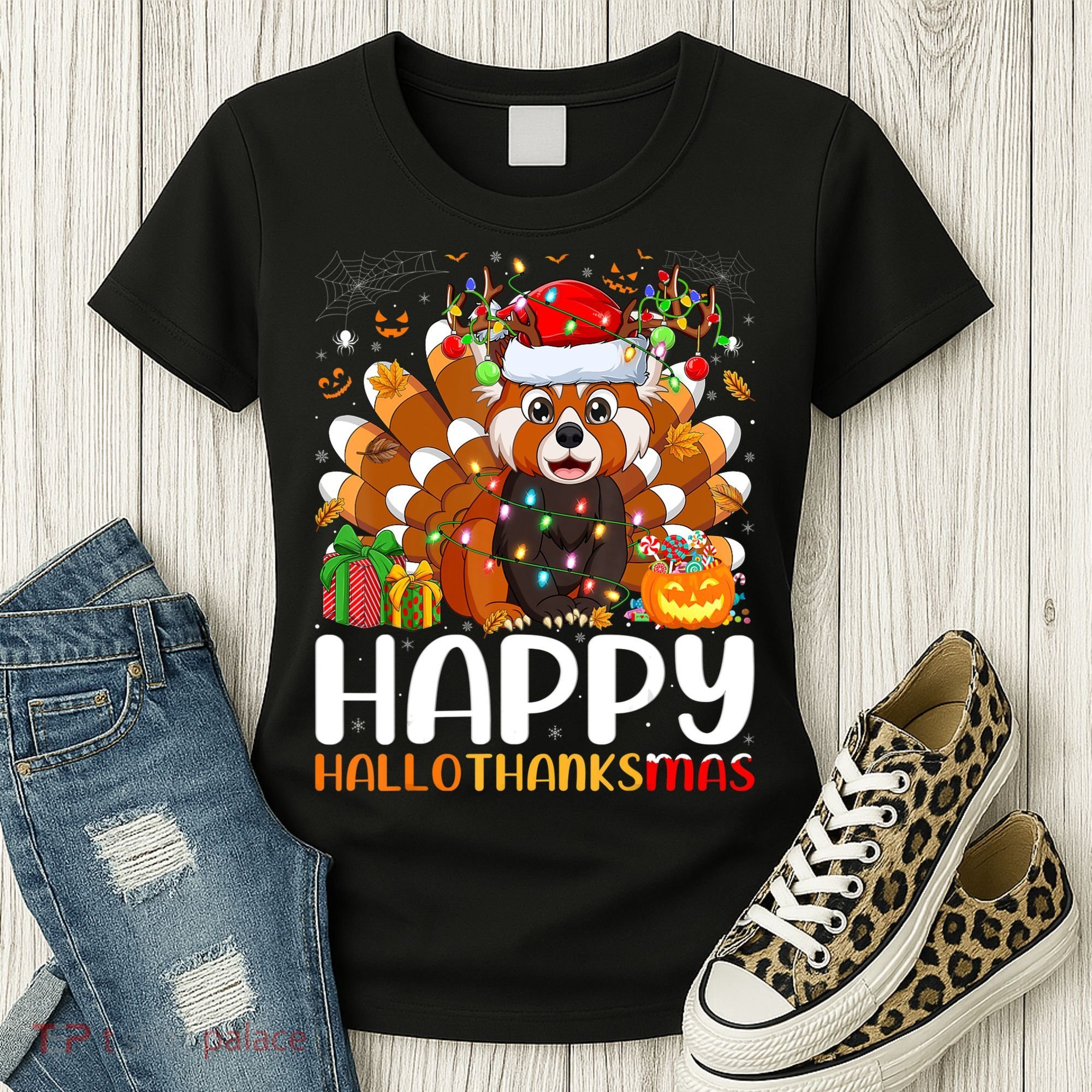 Red Panda Christmas Lights Santa Hat Pajamas Gift Women's T-Shirt