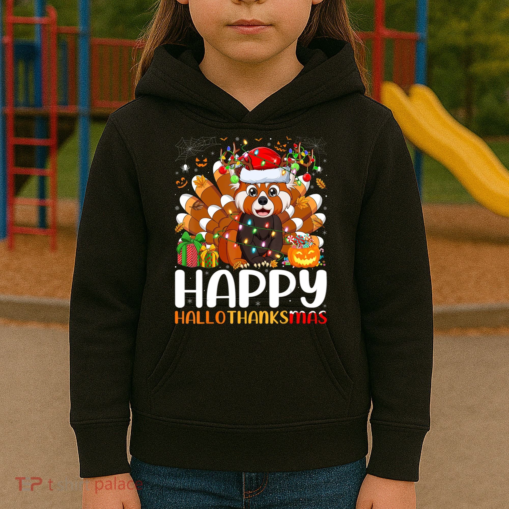 Red Panda Christmas Lights Santa Hat Pajamas Gift Kids Hoodie