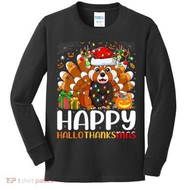 Red Panda Christmas Lights Santa Hat Pajamas Gift Kids Long Sleeve Shirt