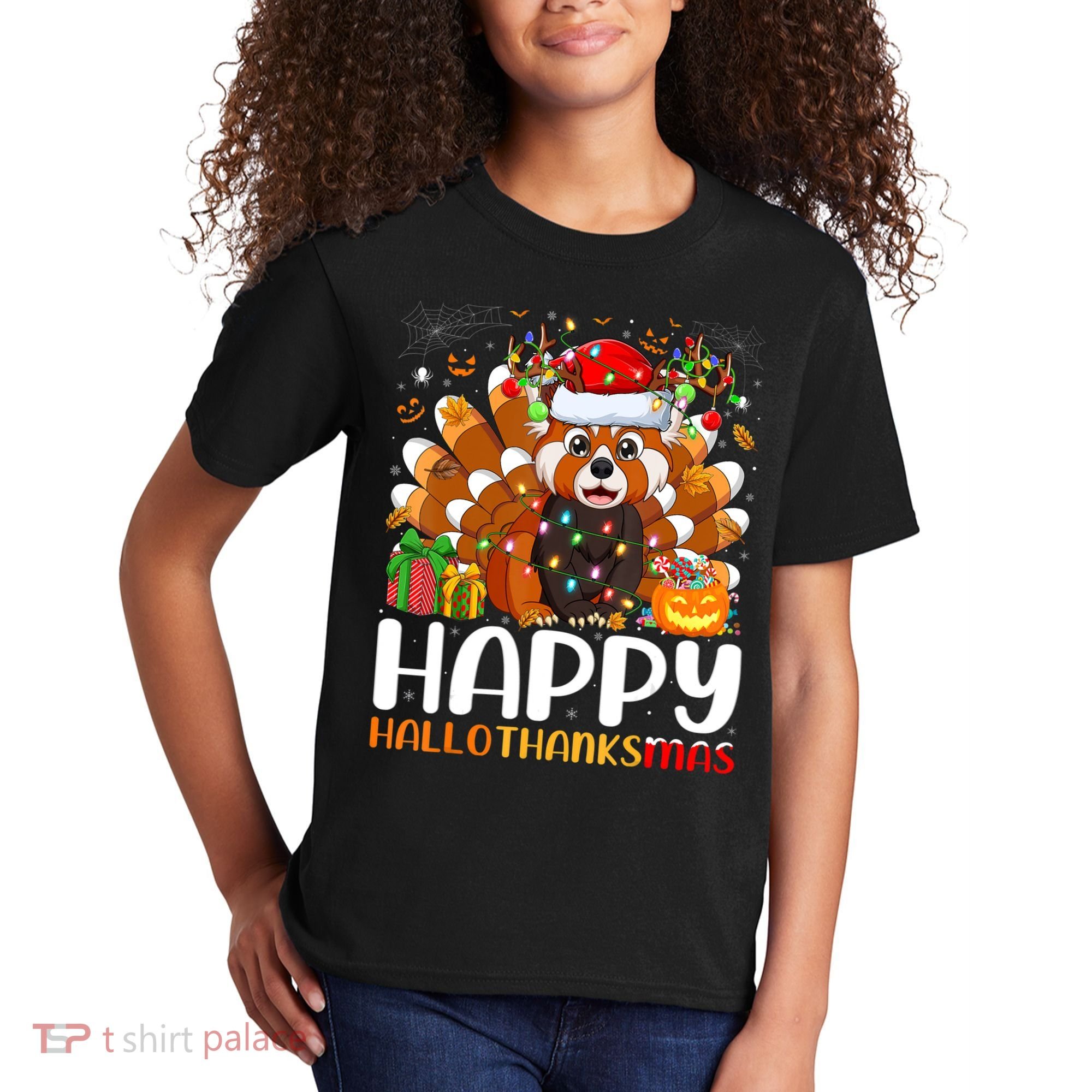 Red Panda Christmas Lights Santa Hat Pajamas Gift Kids T-Shirt