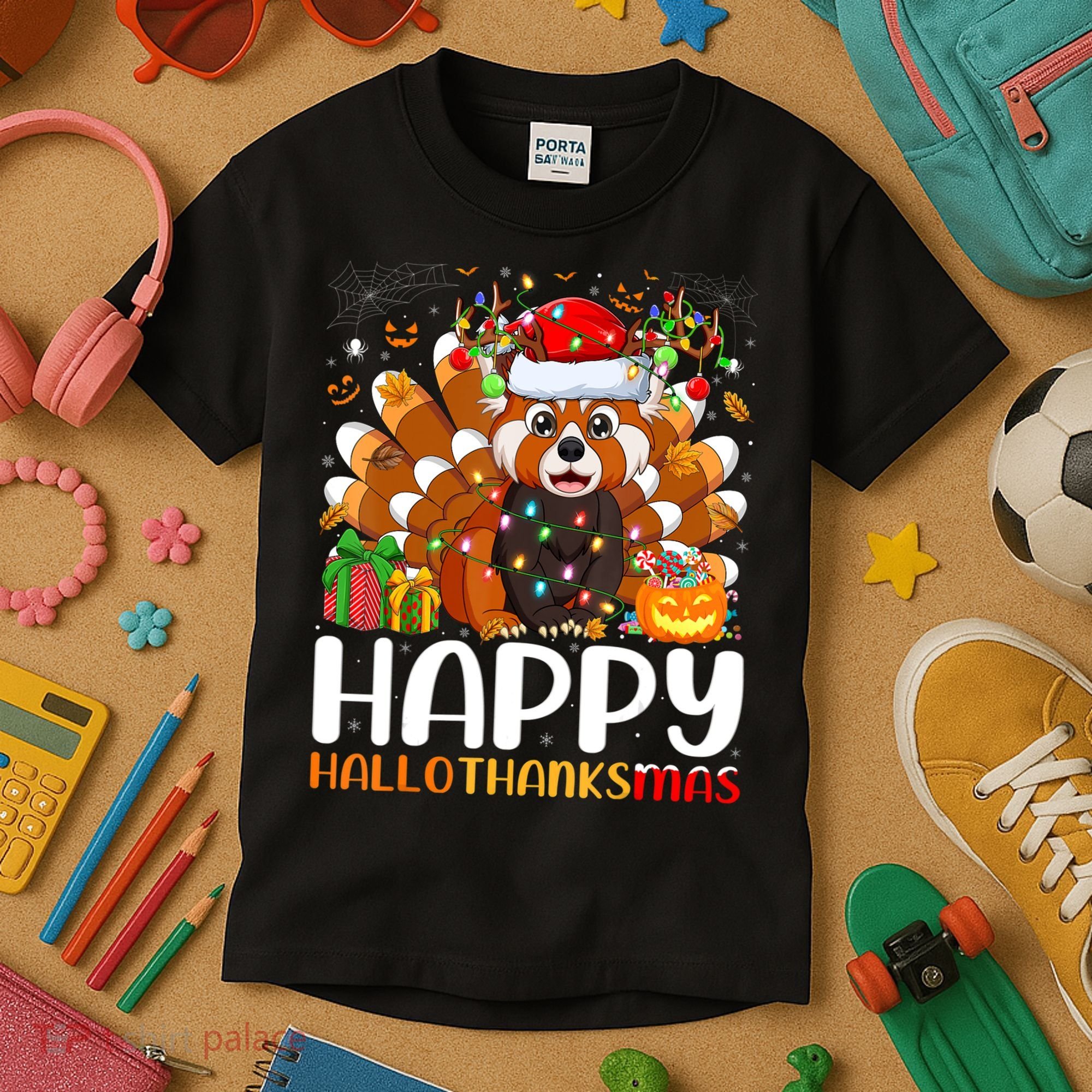 Red Panda Christmas Lights Santa Hat Pajamas Gift Kids T-Shirt