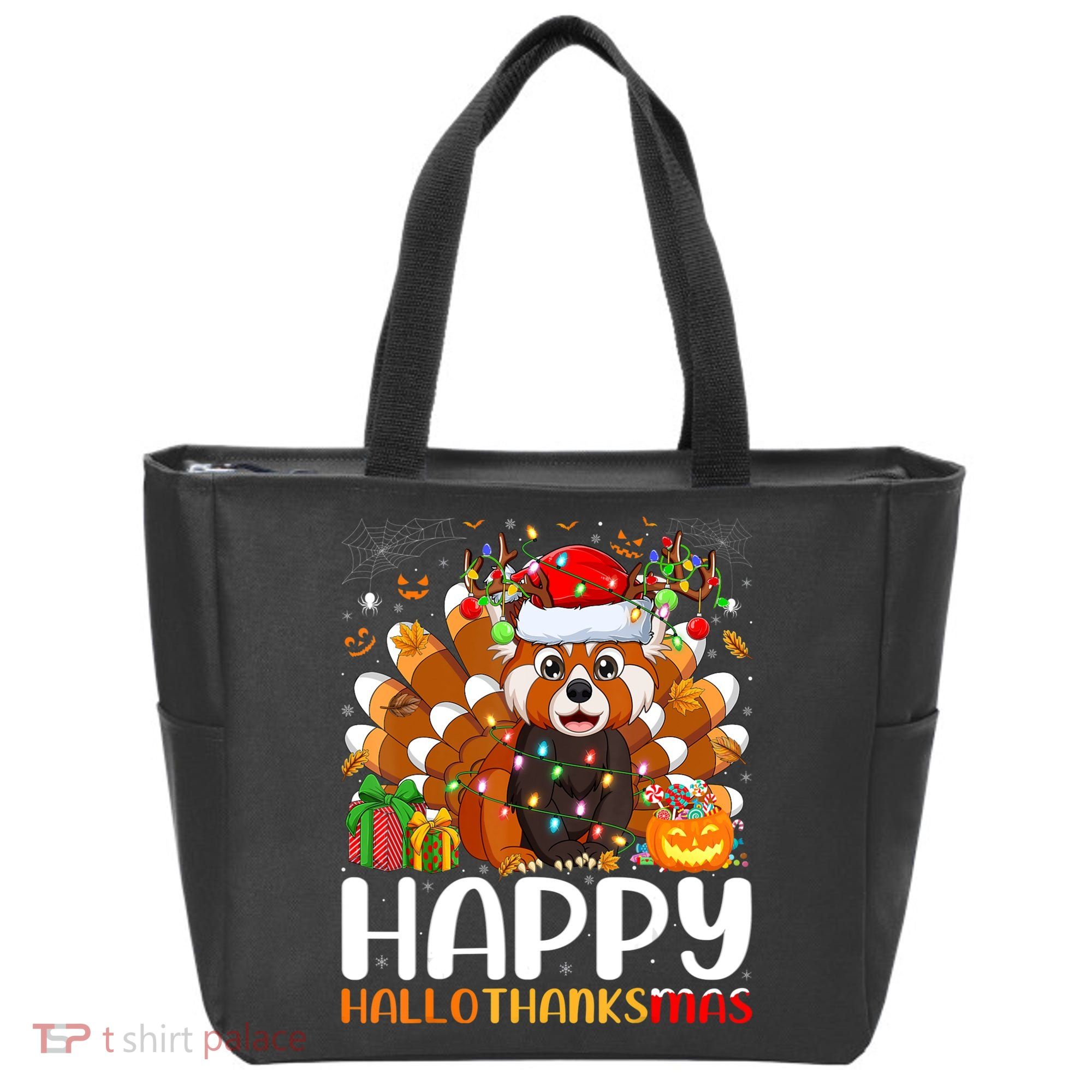 Red Panda Christmas Lights Santa Hat Pajamas Gift Tote Bag