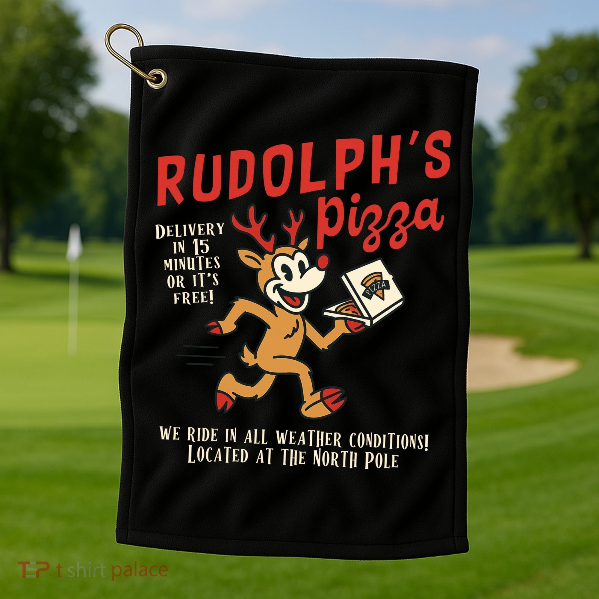 Rudolphs Pizza Delivery North Pole Retro Golf Towel