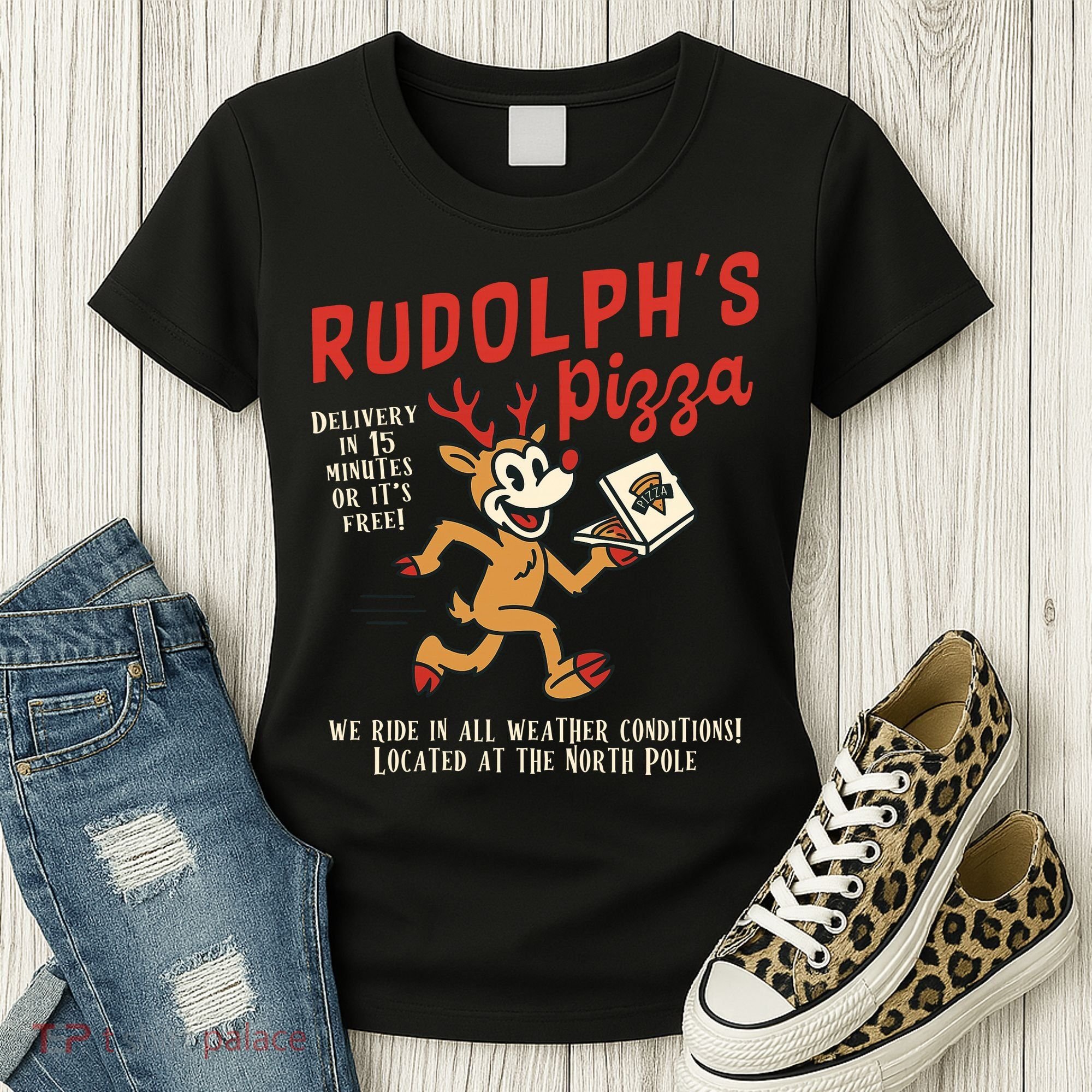 Rudolphs Pizza Delivery North Pole Retro Women's T-Shirt