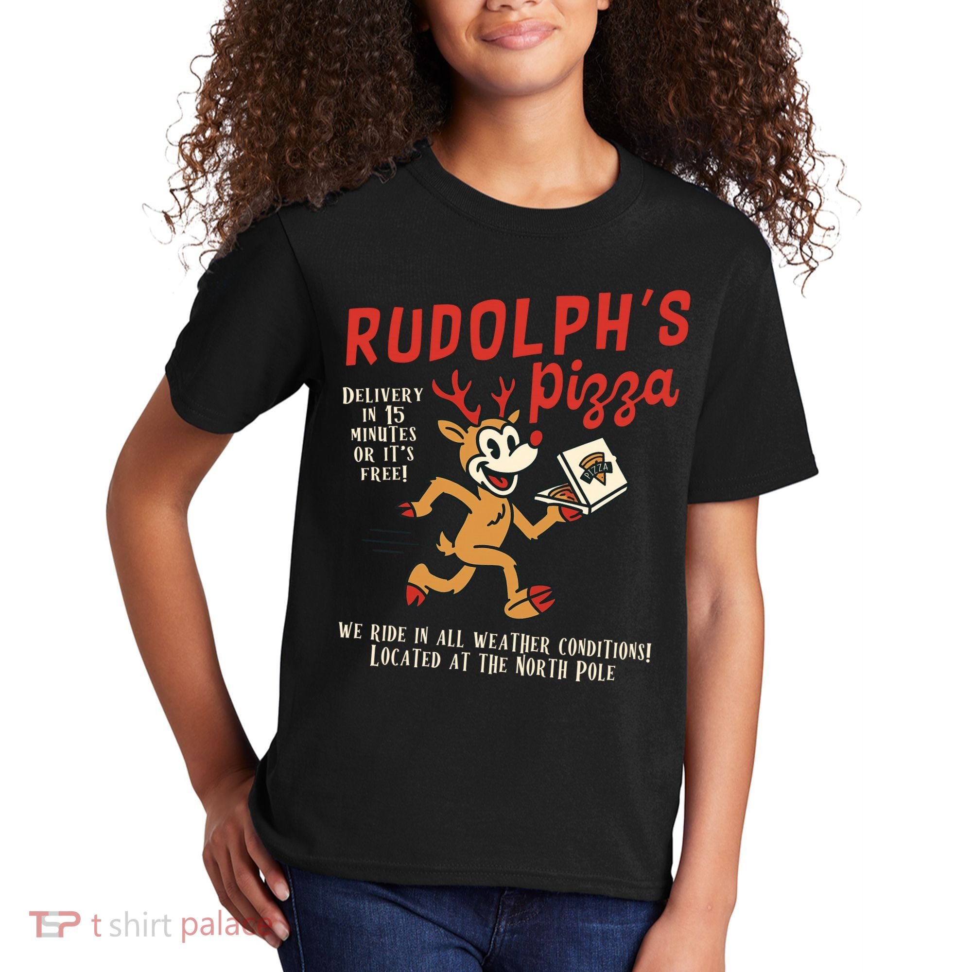 Rudolphs Pizza Delivery North Pole Retro Kids T-Shirt
