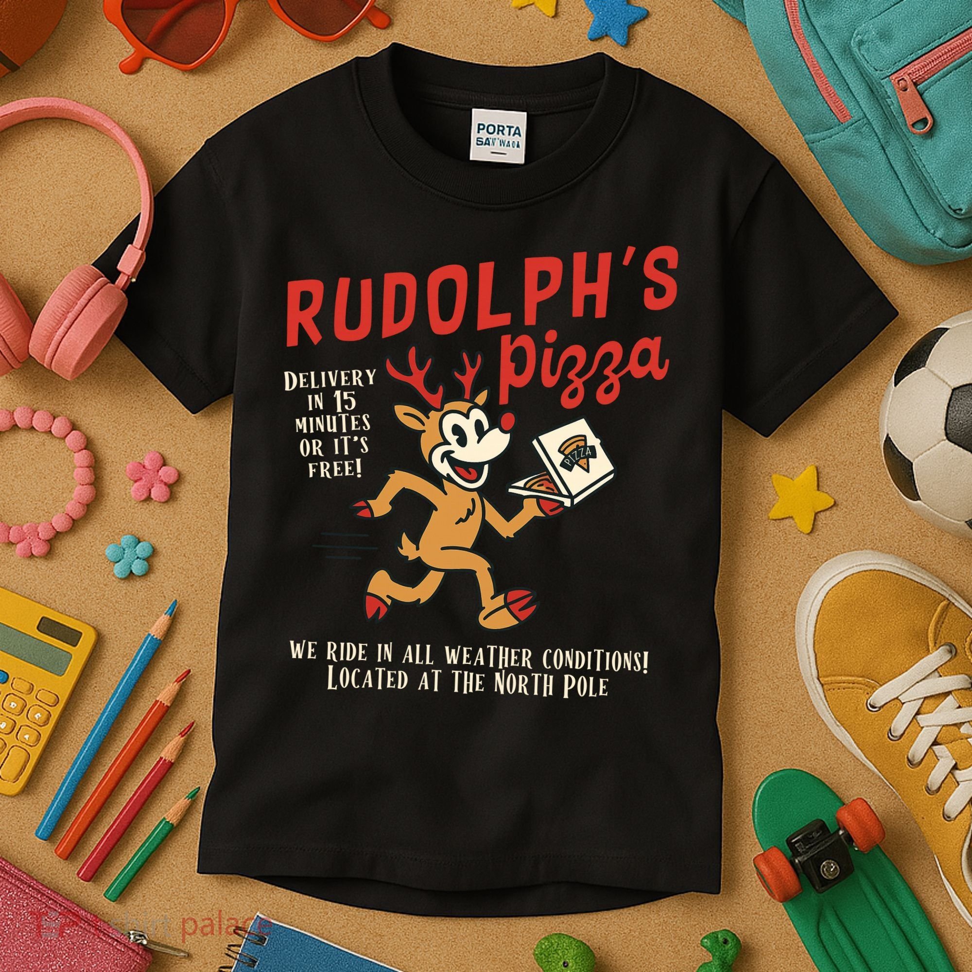 Rudolphs Pizza Delivery North Pole Retro Kids T-Shirt