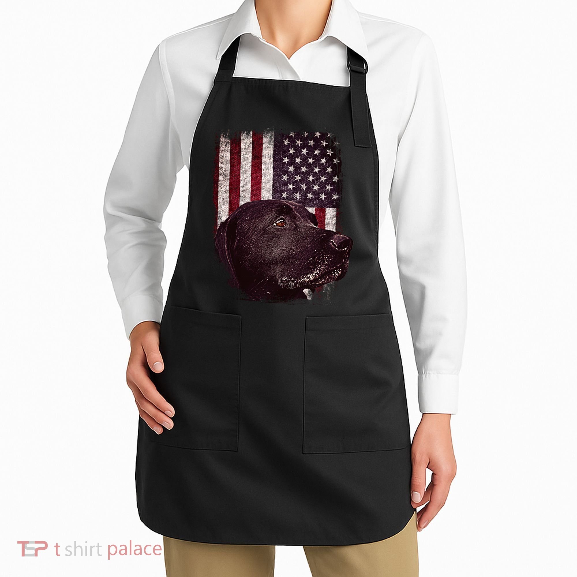 Realistic Patriotic Dog Portrait With USA Flag Backdrop Apron