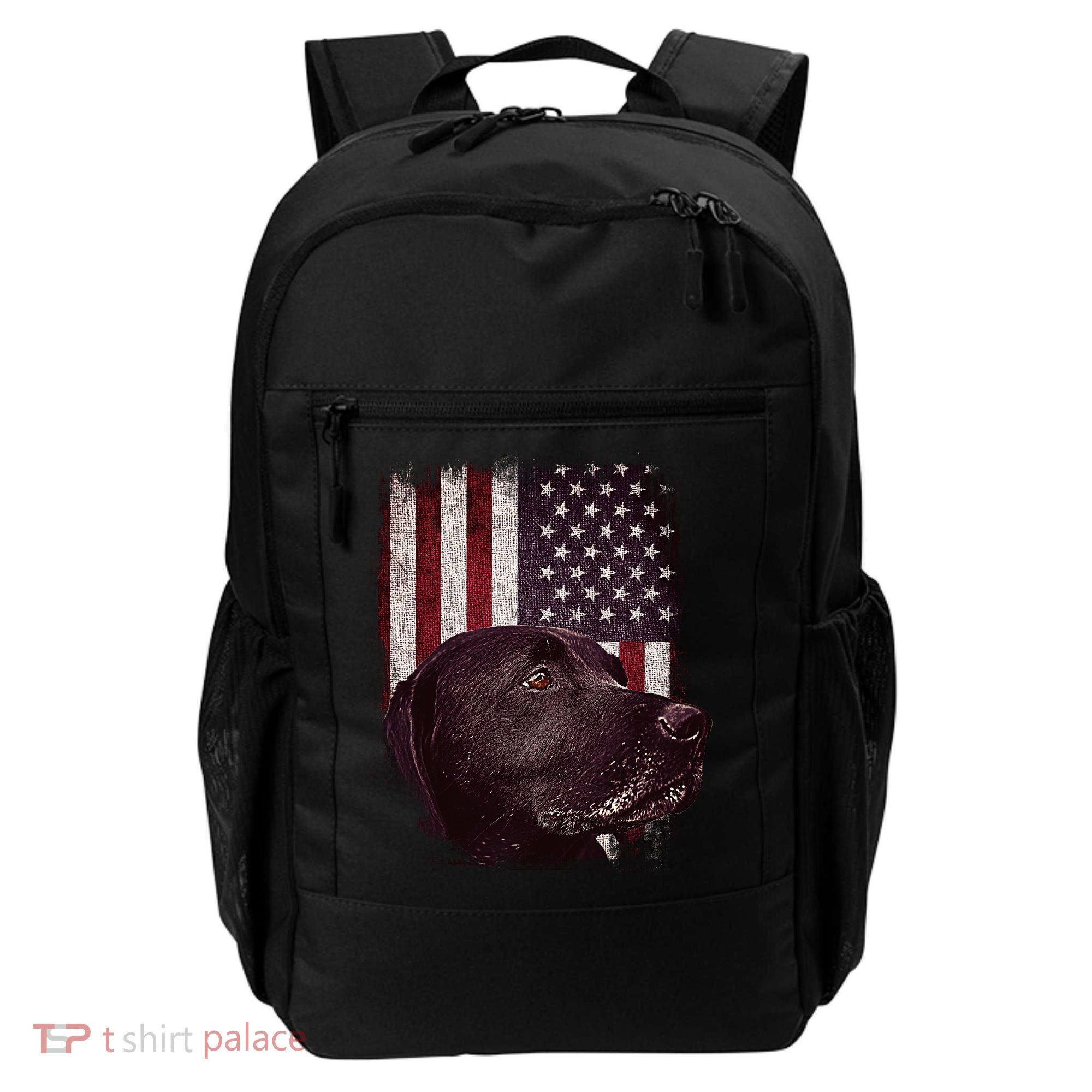 Realistic Patriotic Dog Portrait With USA Flag Backdrop Backpack