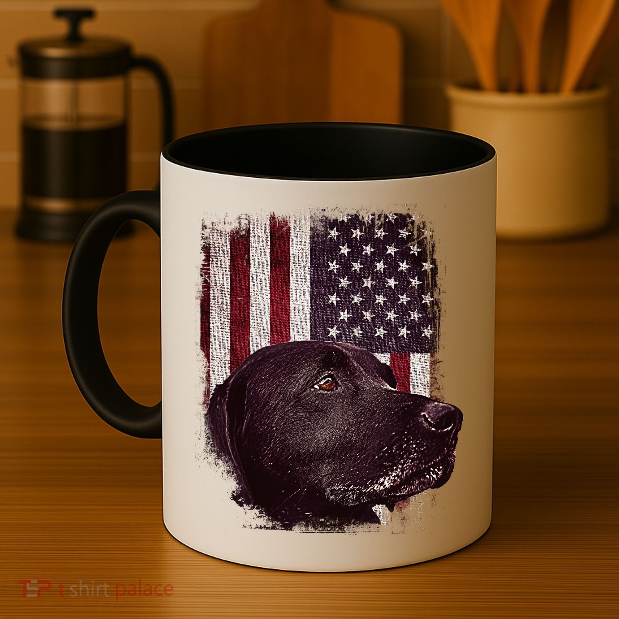 Realistic Patriotic Dog Portrait With USA Flag Backdrop Coffee Mug