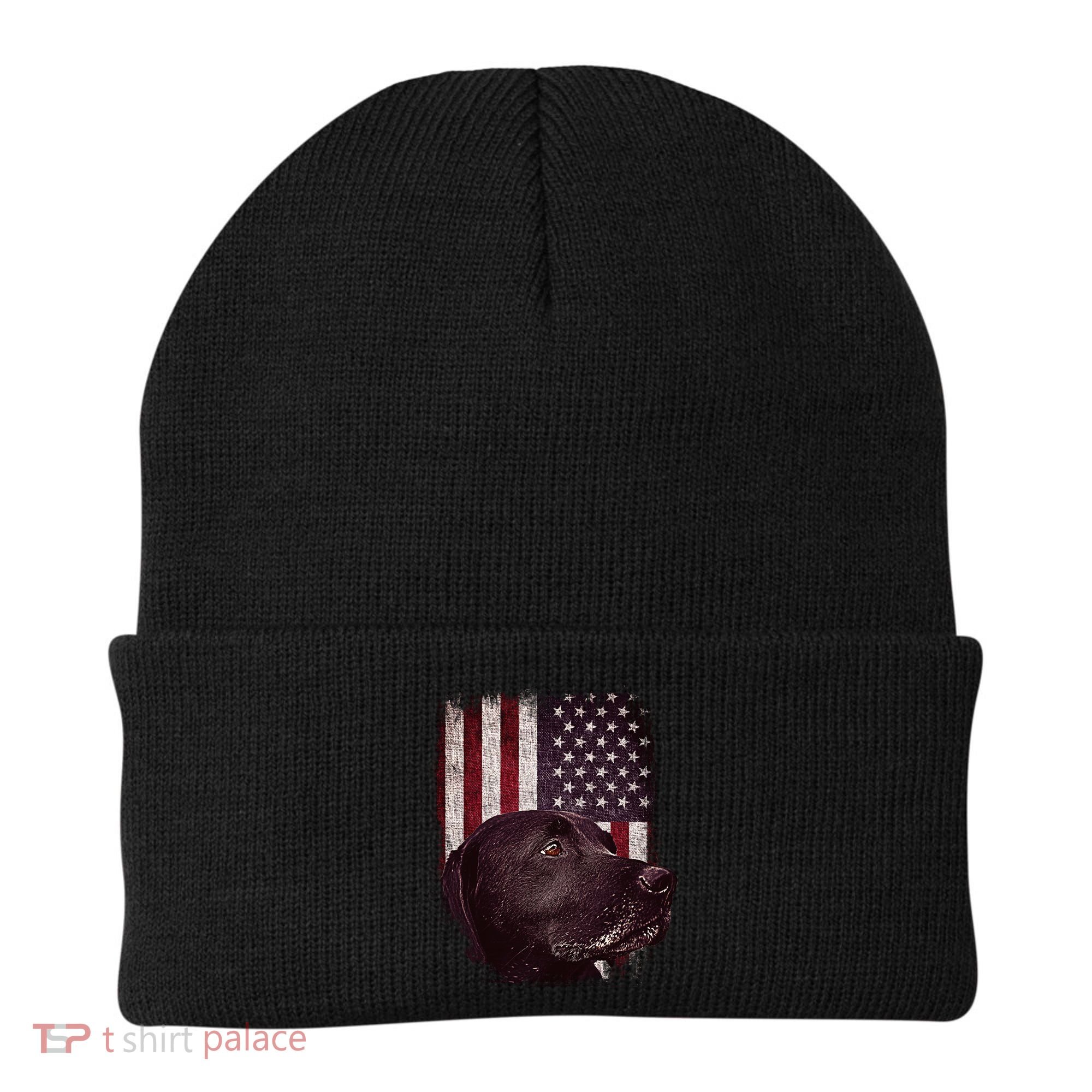 Realistic Patriotic Dog Portrait With USA Flag Backdrop Beanie