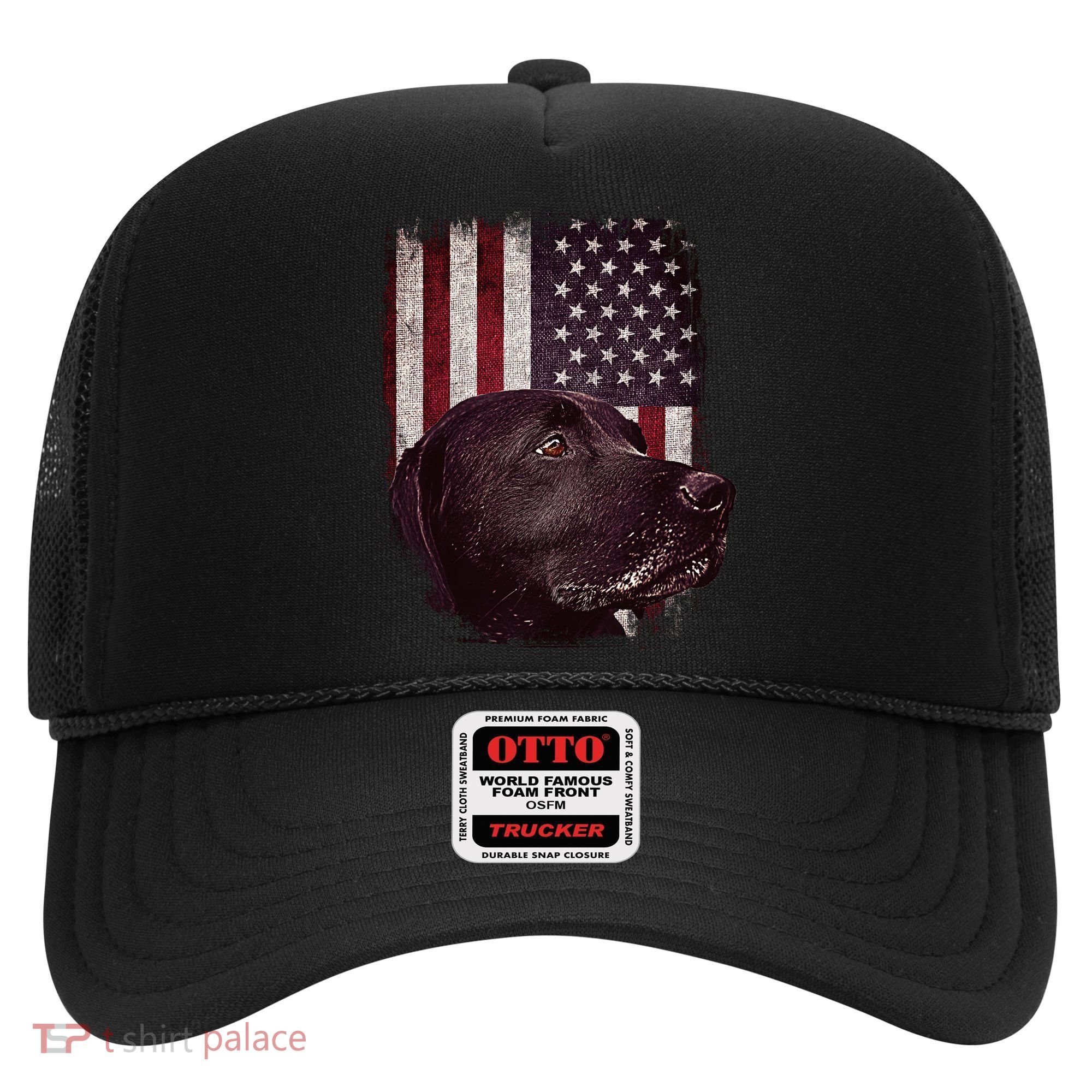 Realistic Patriotic Dog Portrait With USA Flag Backdrop Hat