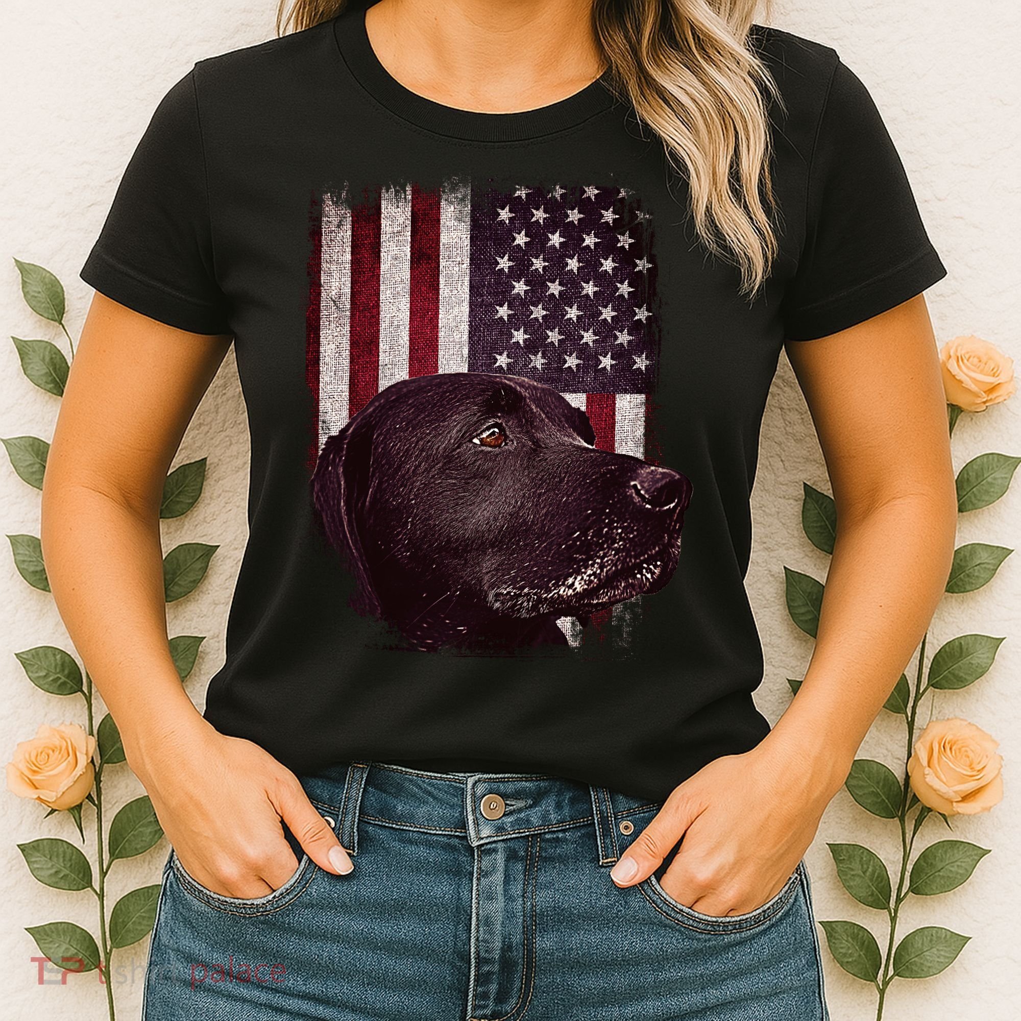 Realistic Patriotic Dog Portrait With USA Flag Backdrop Women's T-Shirt