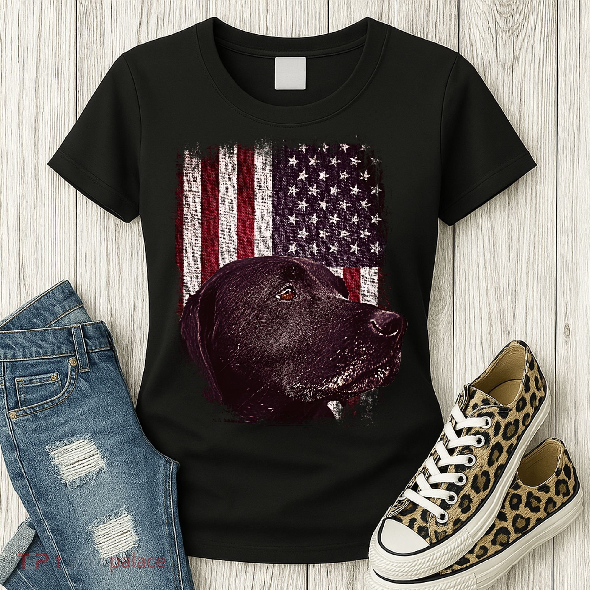 Realistic Patriotic Dog Portrait With USA Flag Backdrop Women's T-Shirt