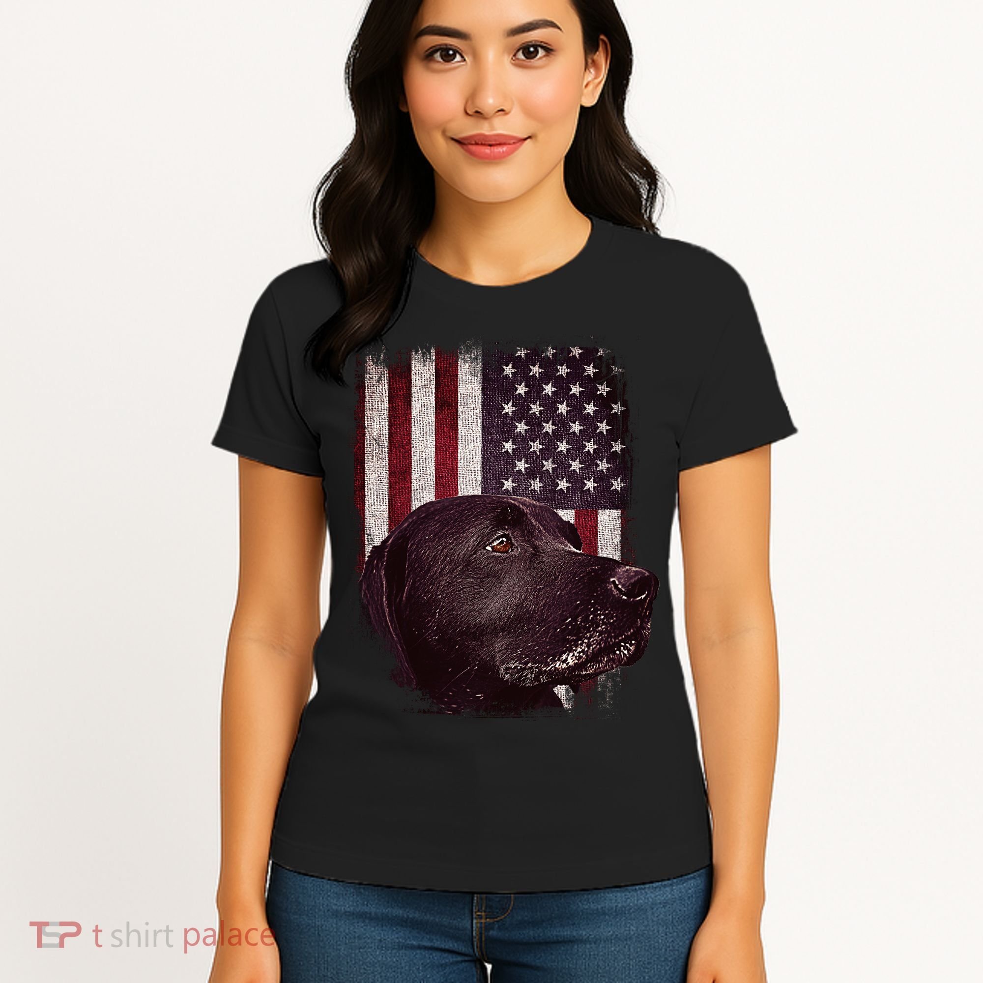 Realistic Patriotic Dog Portrait With USA Flag Backdrop Women's T-Shirt
