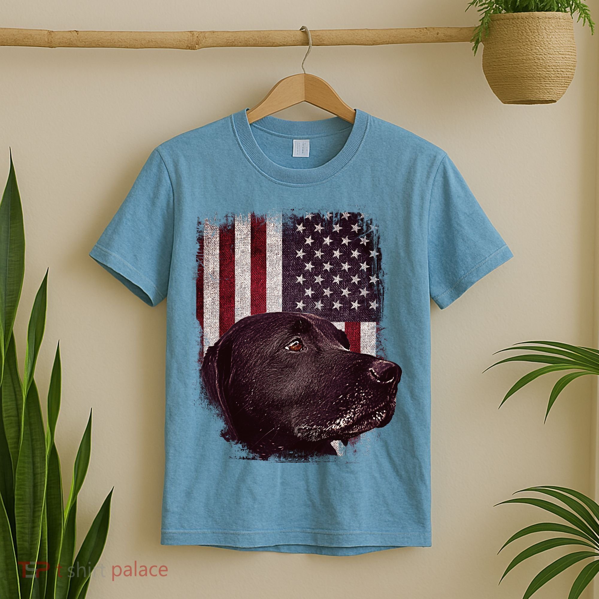 Realistic Patriotic Dog Portrait With USA Flag Backdrop T-Shirt