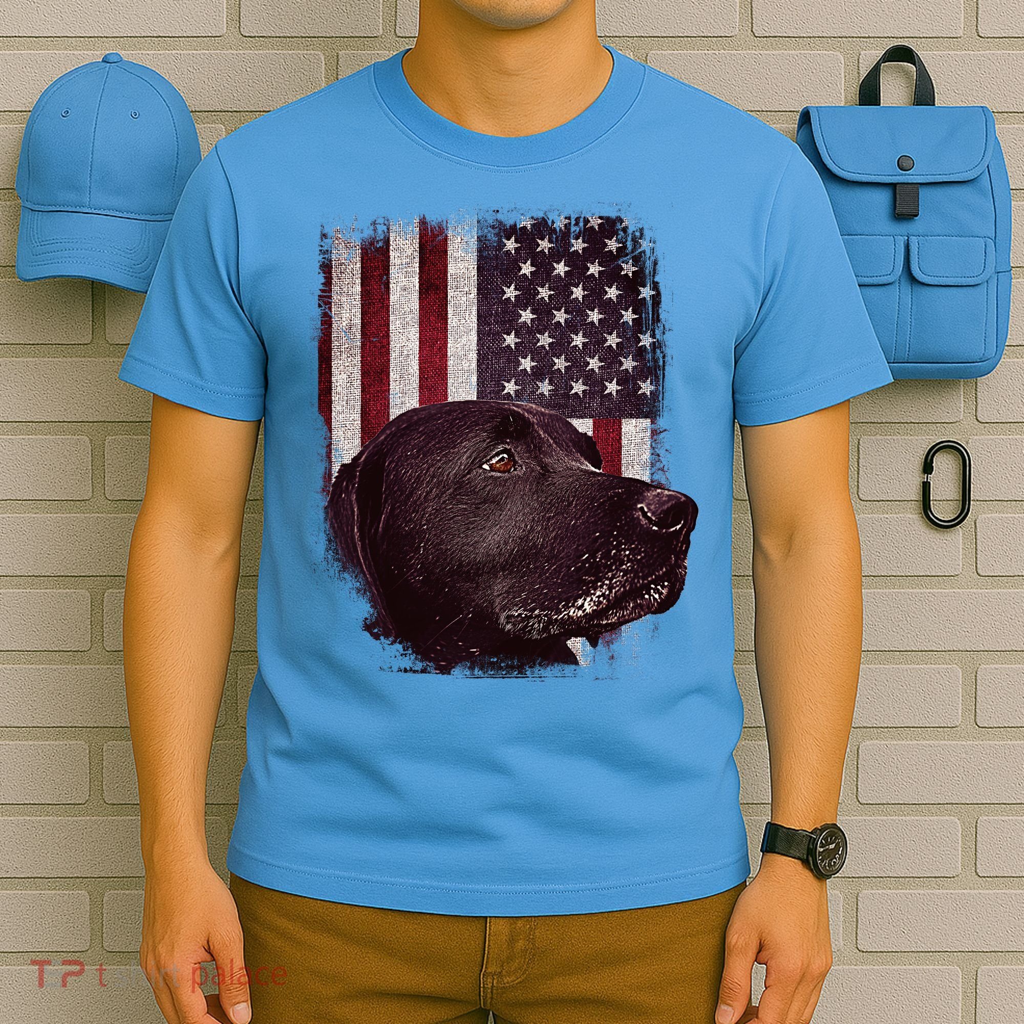 Realistic Patriotic Dog Portrait With USA Flag Backdrop T-Shirt