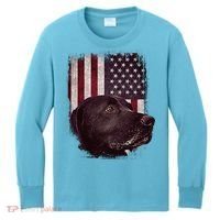 Realistic Patriotic Dog Portrait With USA Flag Backdrop Kids Long Sleeve Shirt thumb 0