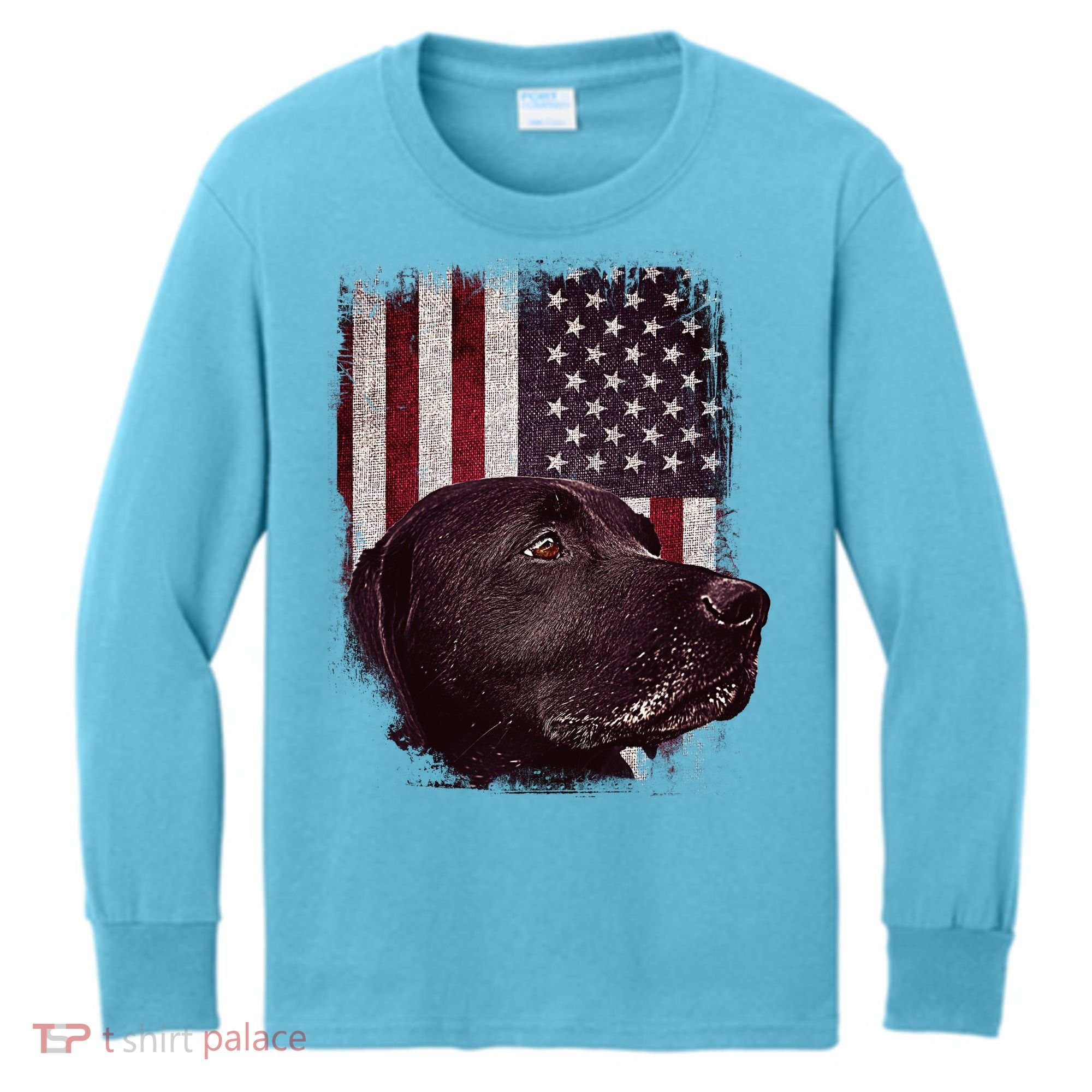 Realistic Patriotic Dog Portrait With USA Flag Backdrop Kids Long Sleeve Shirt