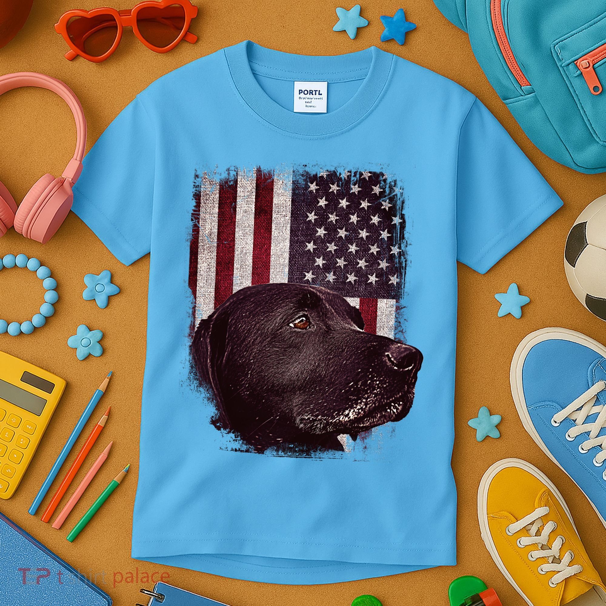 Realistic Patriotic Dog Portrait With USA Flag Backdrop Kids T-Shirt