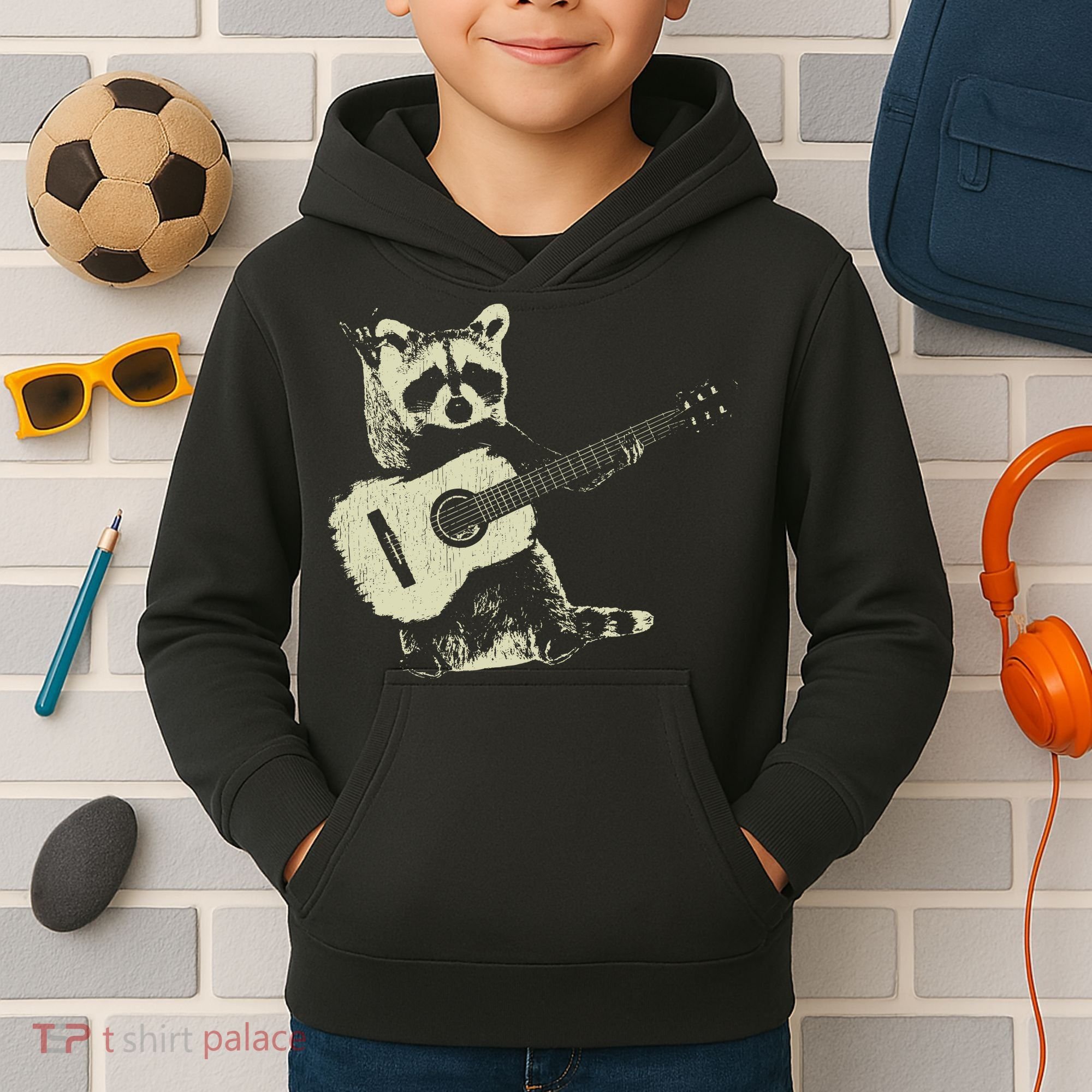 Raccoon Playing Guitar Music Kids Hoodie