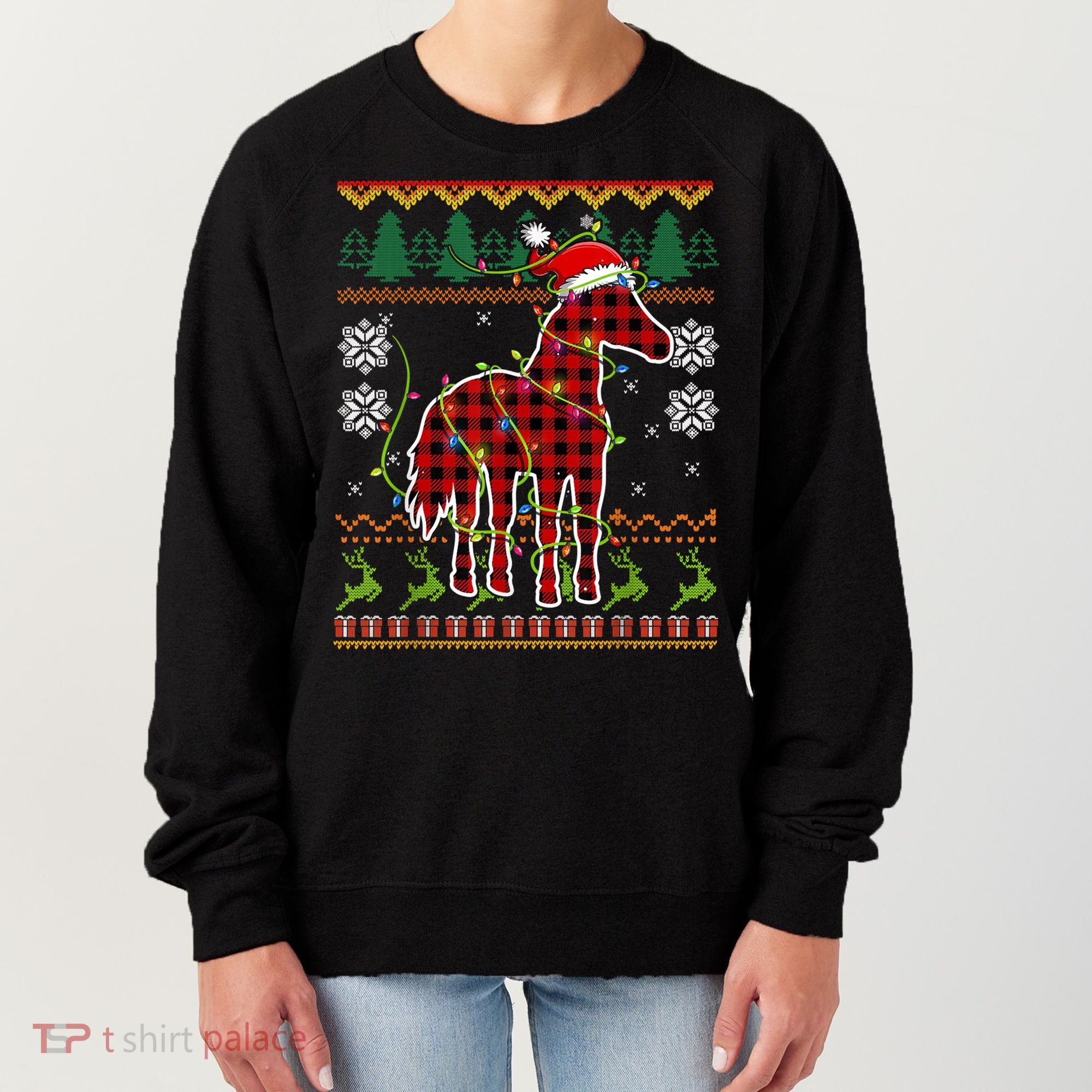 Red Plaid Horse Santa Hat Ugly Christmas Sweater Pajamas Great Gift Women's Sweatshirt