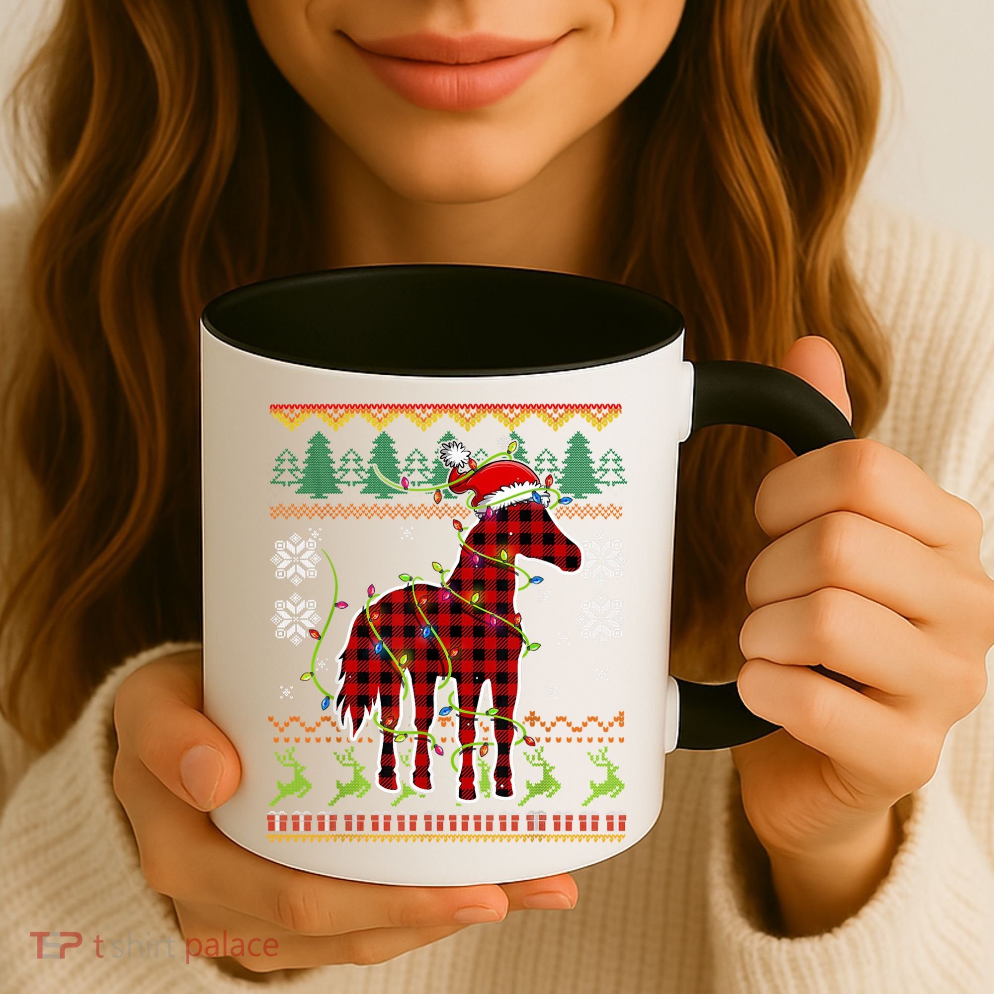 Red Plaid Horse Santa Hat Ugly Christmas Sweater Pajamas Great Gift Coffee Mug