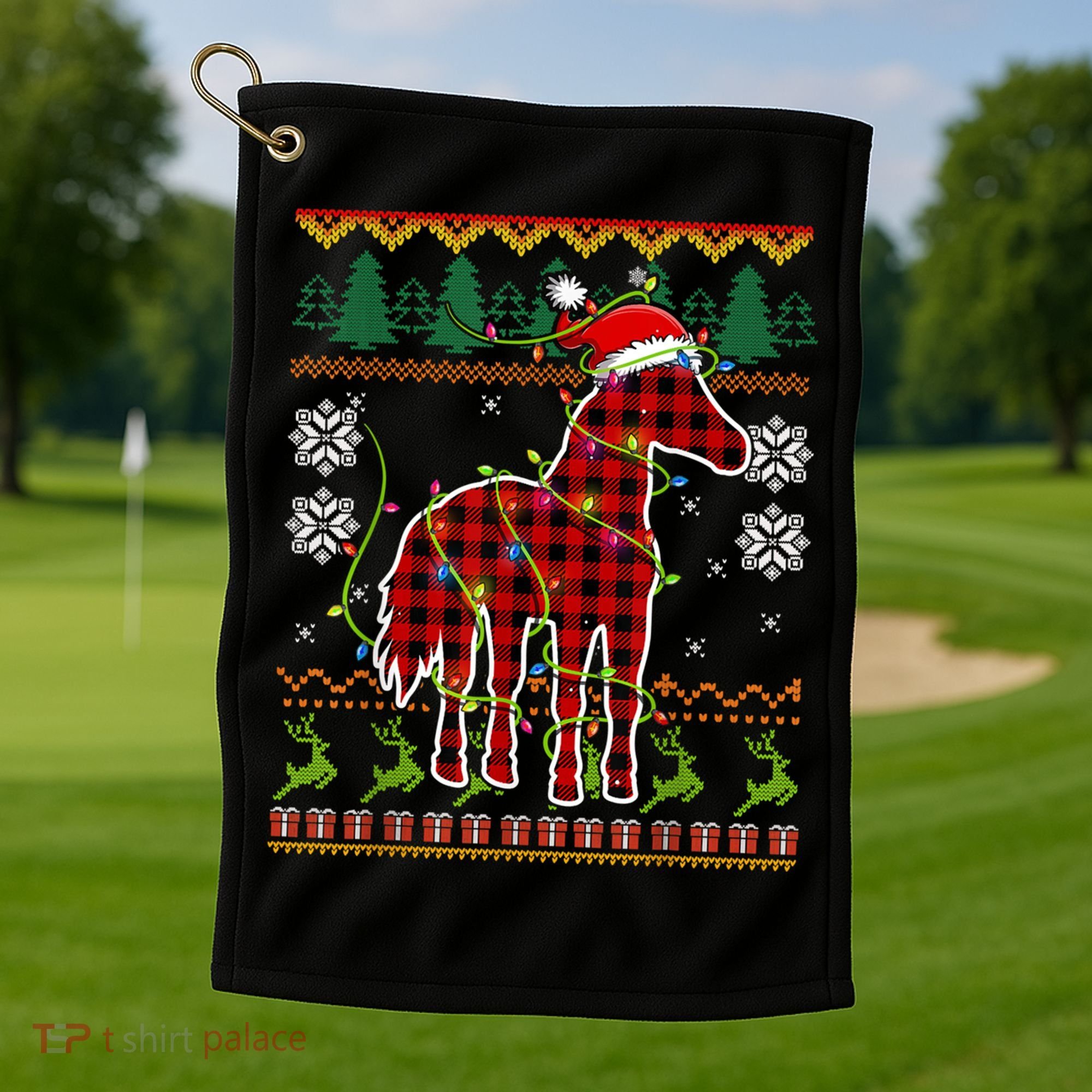 Red Plaid Horse Santa Hat Ugly Christmas Sweater Pajamas Great Gift Golf Towel