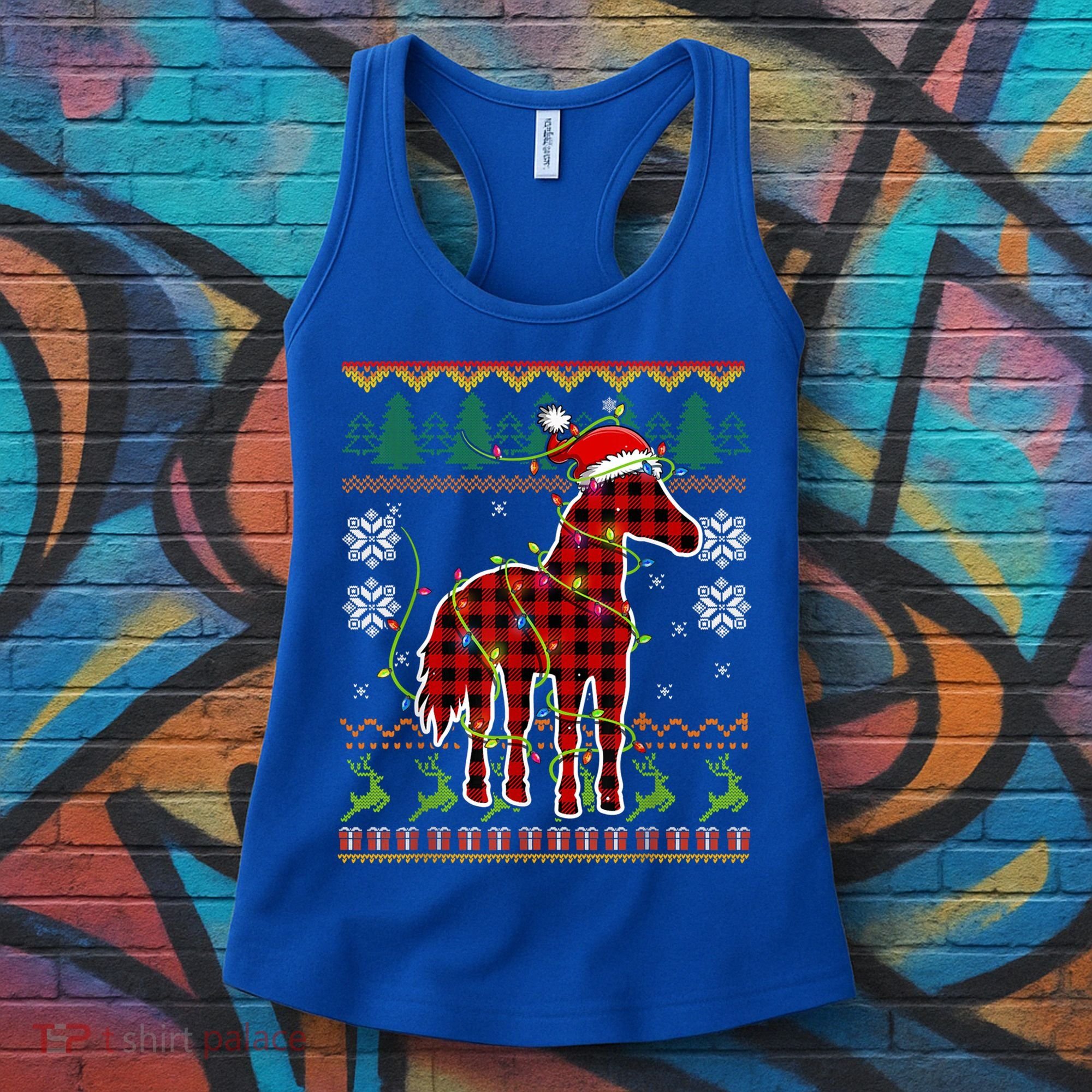 Red Plaid Horse Santa Hat Ugly Christmas Sweater Pajamas Great Gift Women's Tank Top