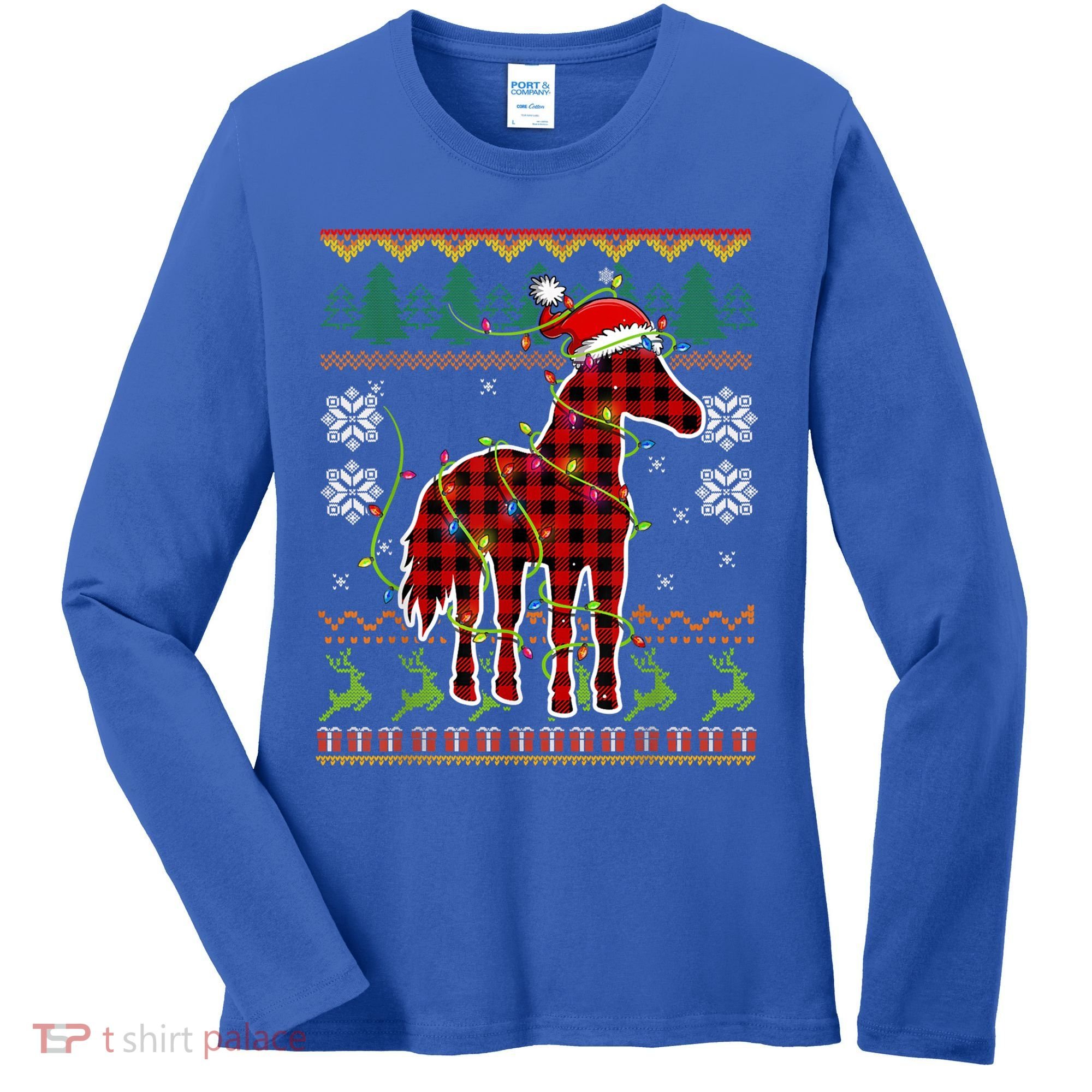 Red Plaid Horse Santa Hat Ugly Christmas Sweater Pajamas Great Gift Women's Long Sleeve Shirt
