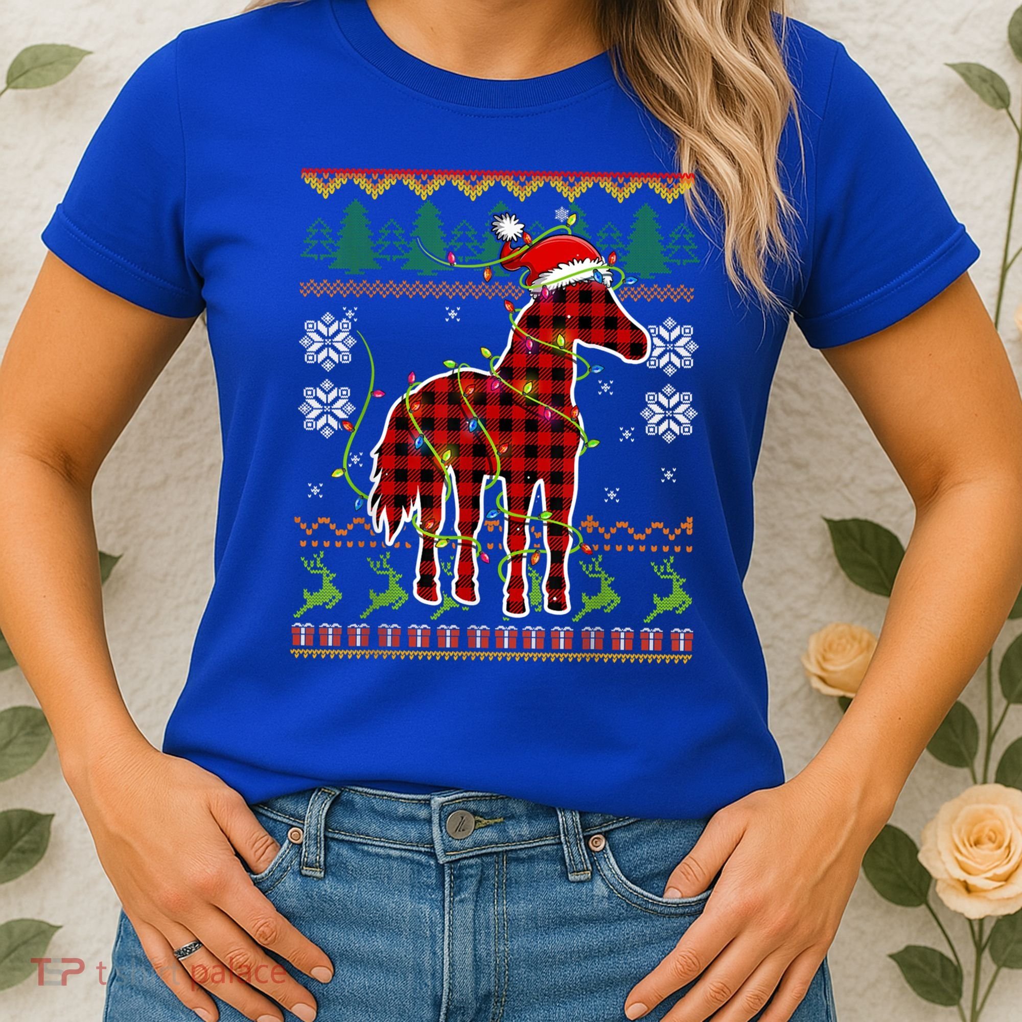 Red Plaid Horse Santa Hat Ugly Christmas Sweater Pajamas Great Gift Women's T-Shirt