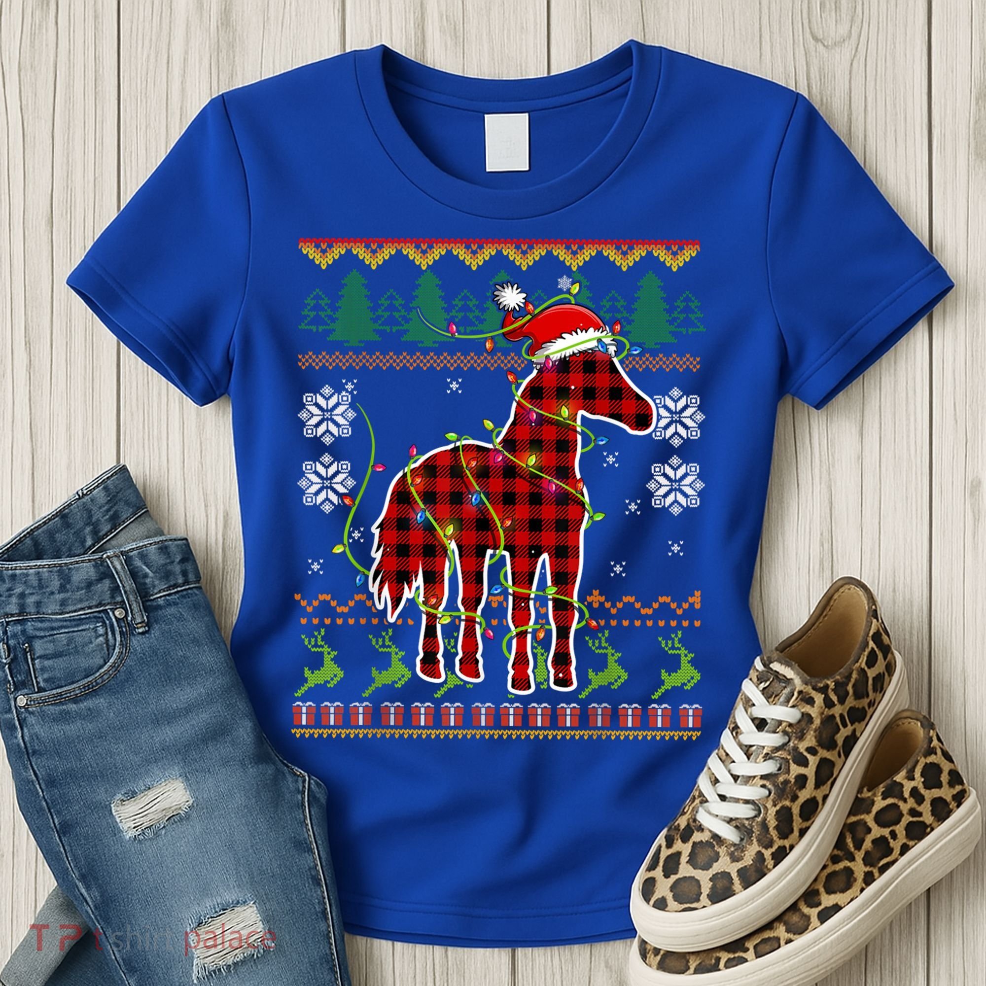 Red Plaid Horse Santa Hat Ugly Christmas Sweater Pajamas Great Gift Women's T-Shirt