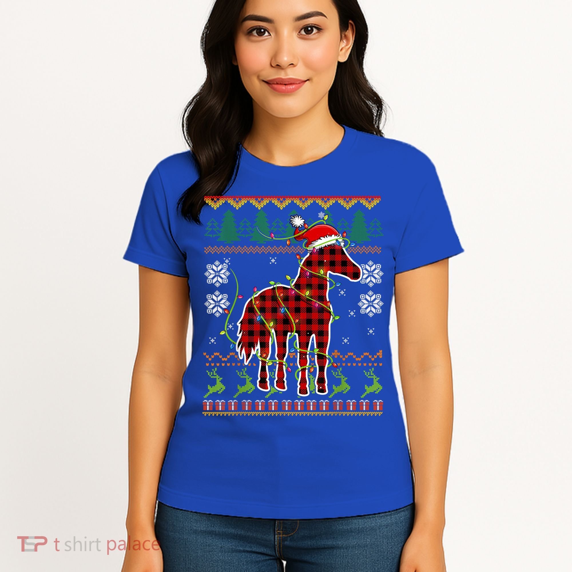 Red Plaid Horse Santa Hat Ugly Christmas Sweater Pajamas Great Gift Women's T-Shirt