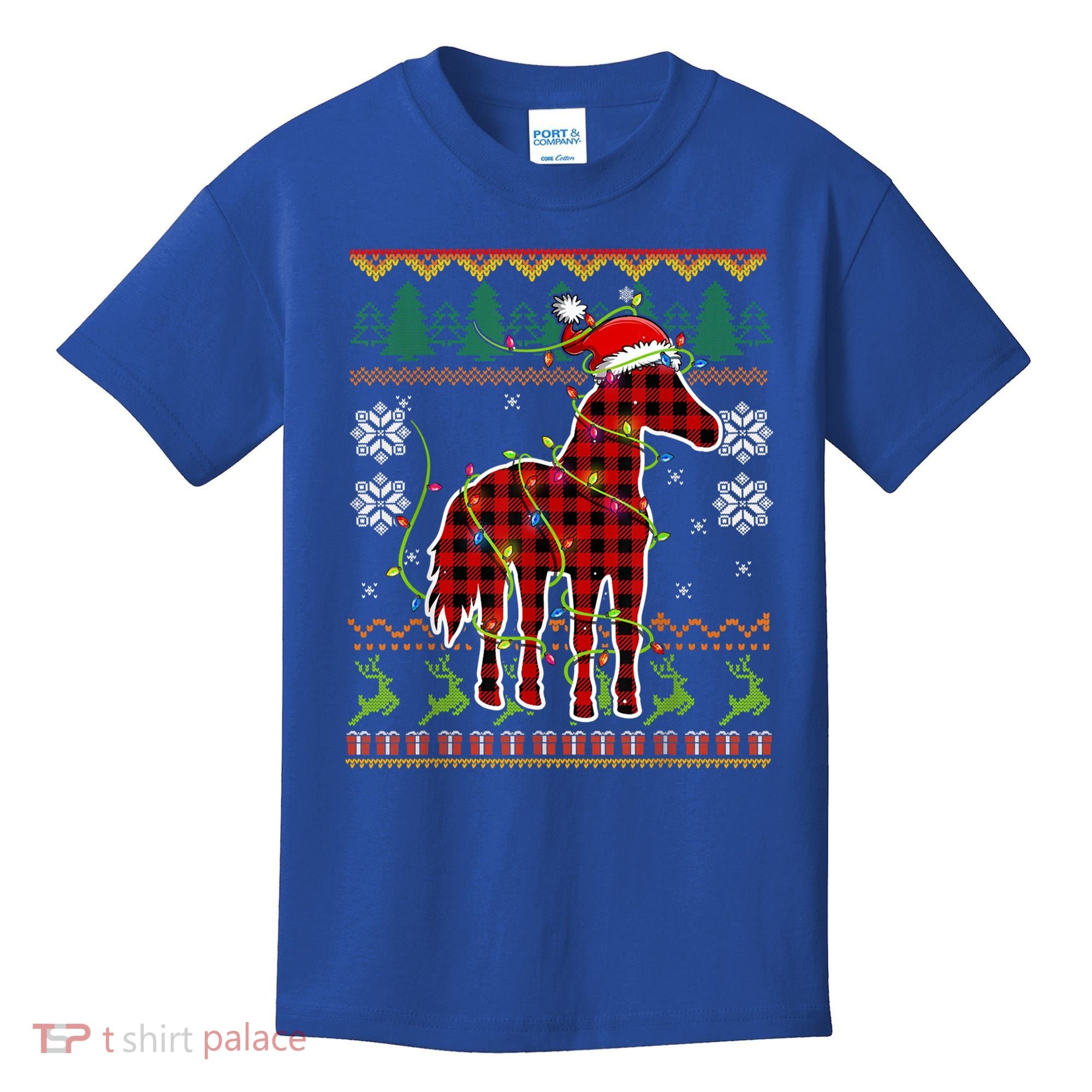Red Plaid Horse Santa Hat Ugly Christmas Sweater Pajamas Great Gift Kids T-Shirt