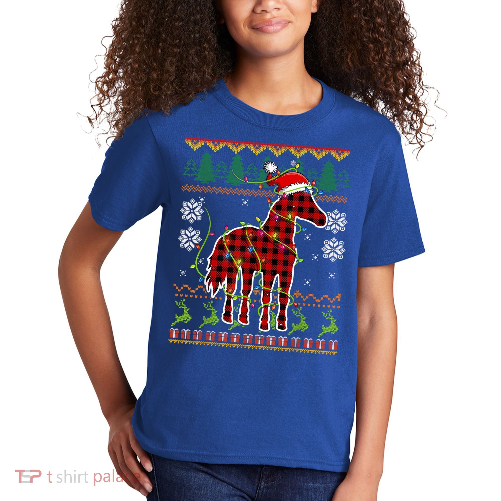 Red Plaid Horse Santa Hat Ugly Christmas Sweater Pajamas Great Gift Kids T-Shirt