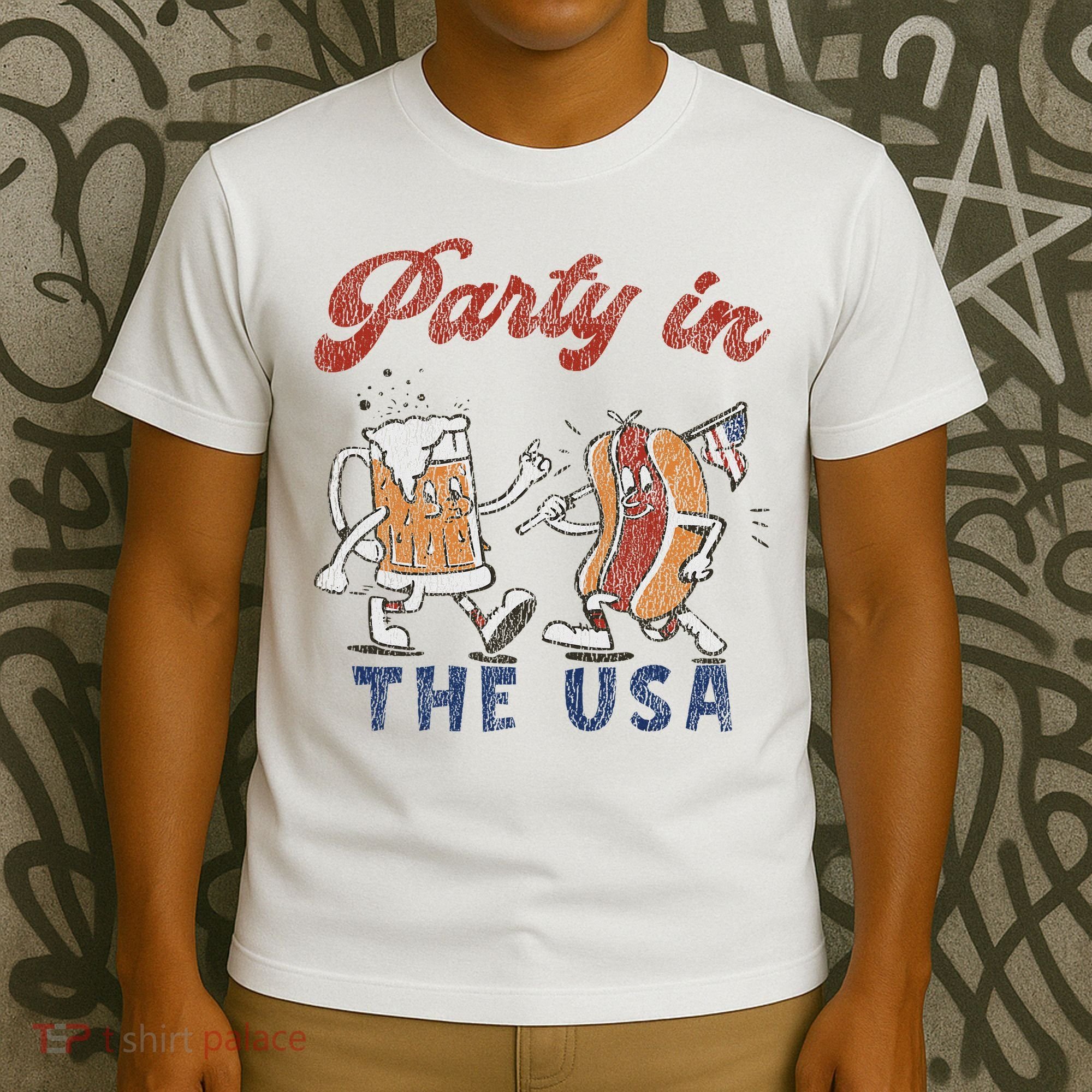 Retro Party In The Usa Beer Hot Dog Lover Funny 4th Of July T-Shirt