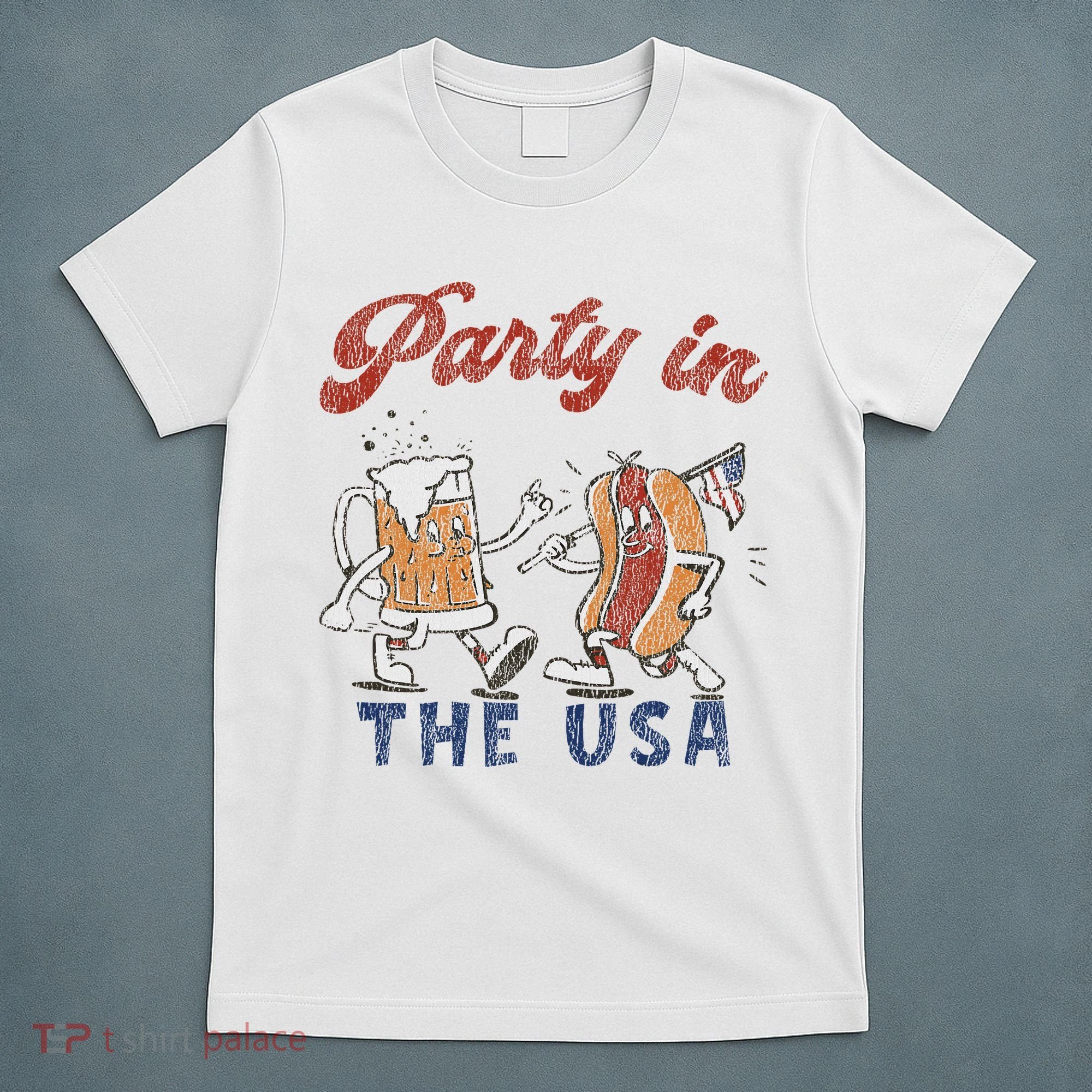 Retro Party In The Usa Beer Hot Dog Lover Funny 4th Of July T-Shirt