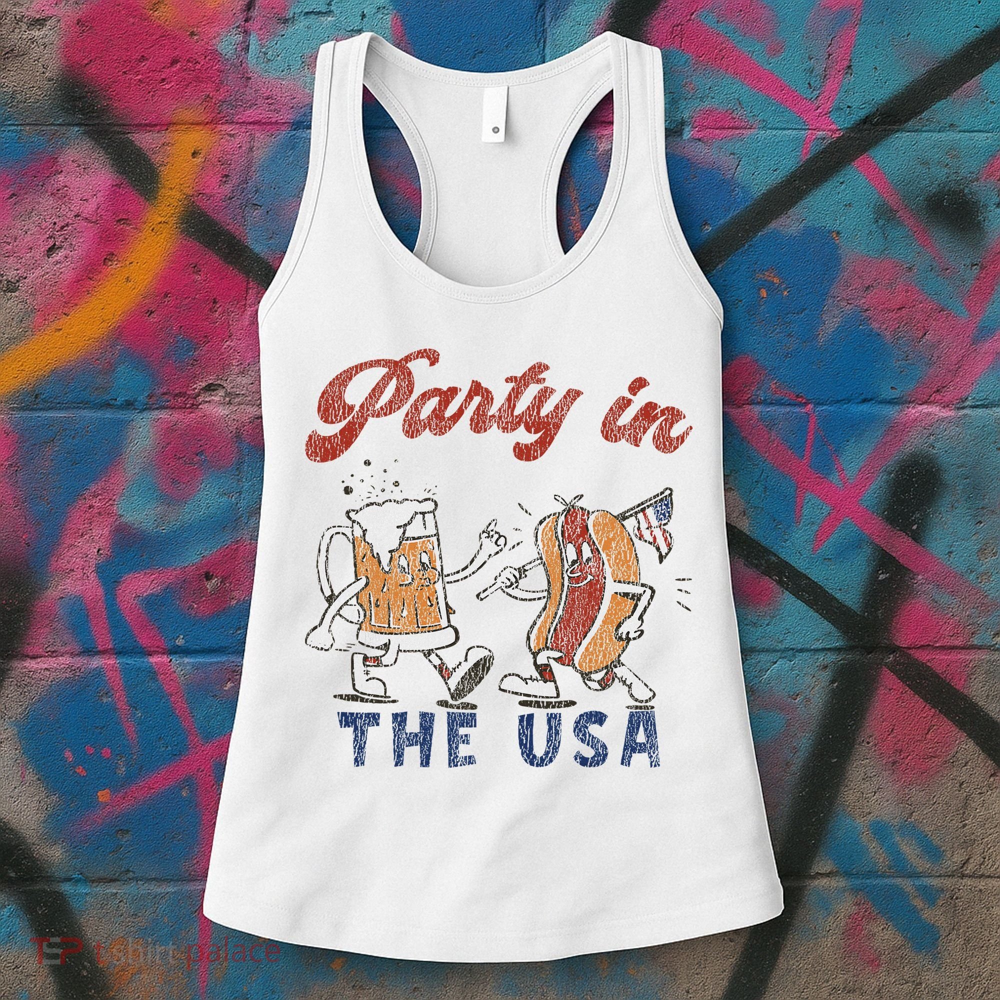 Retro Party In The Usa Beer Hot Dog Lover Funny 4th Of July Women's Tank Top