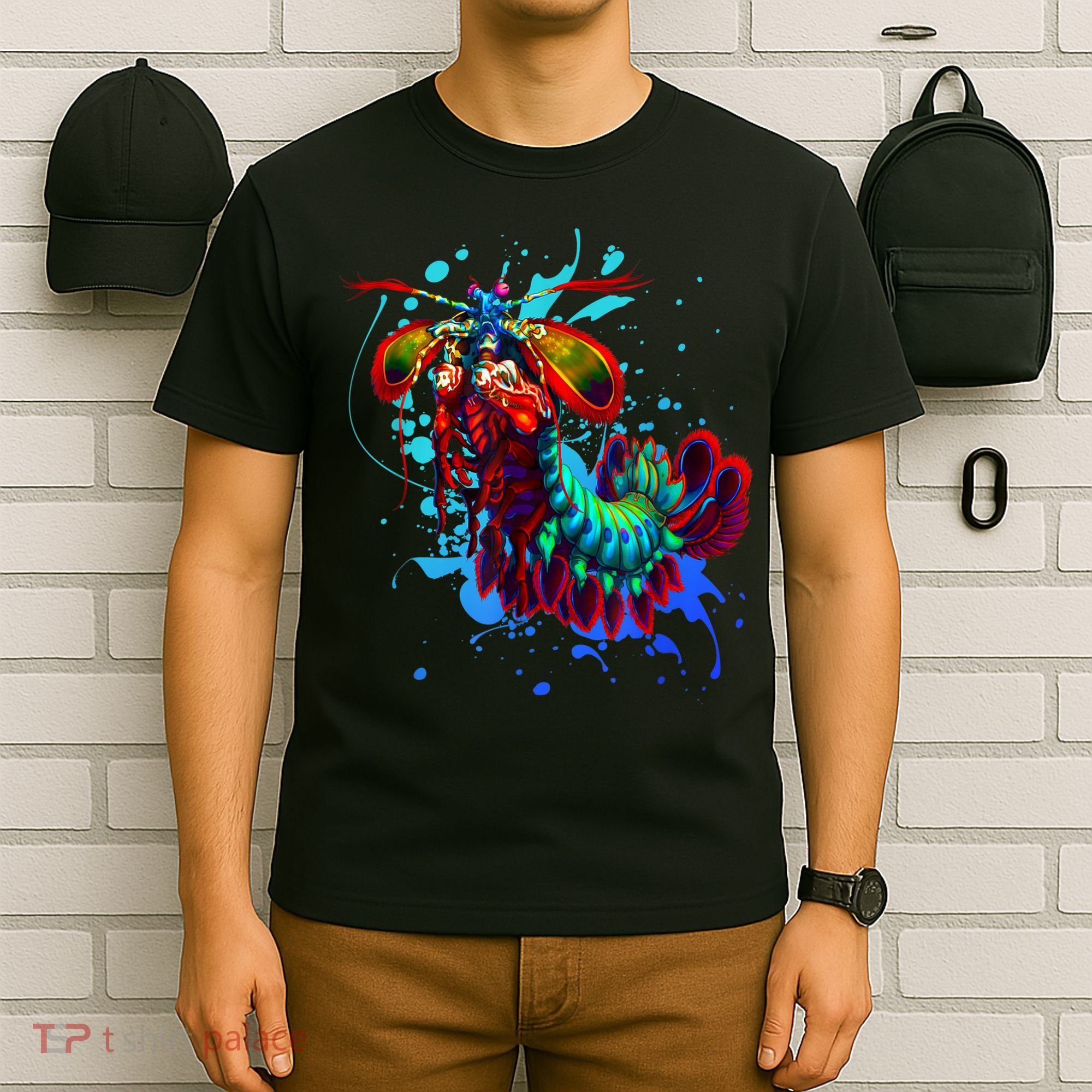 Rainbow Peacock Mantis Shrimp Blue Splash T-Shirt