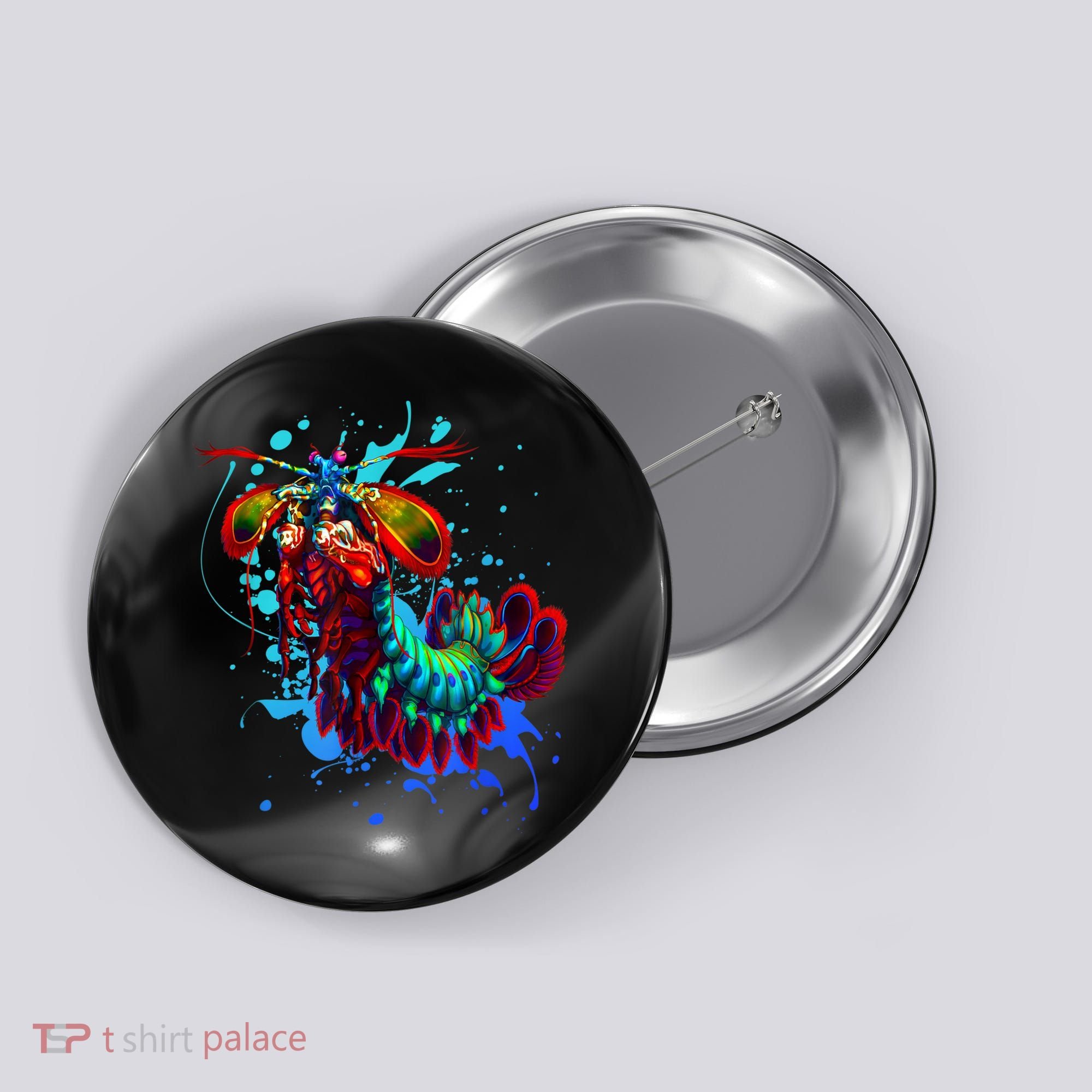 Rainbow Peacock Mantis Shrimp Blue Splash Button