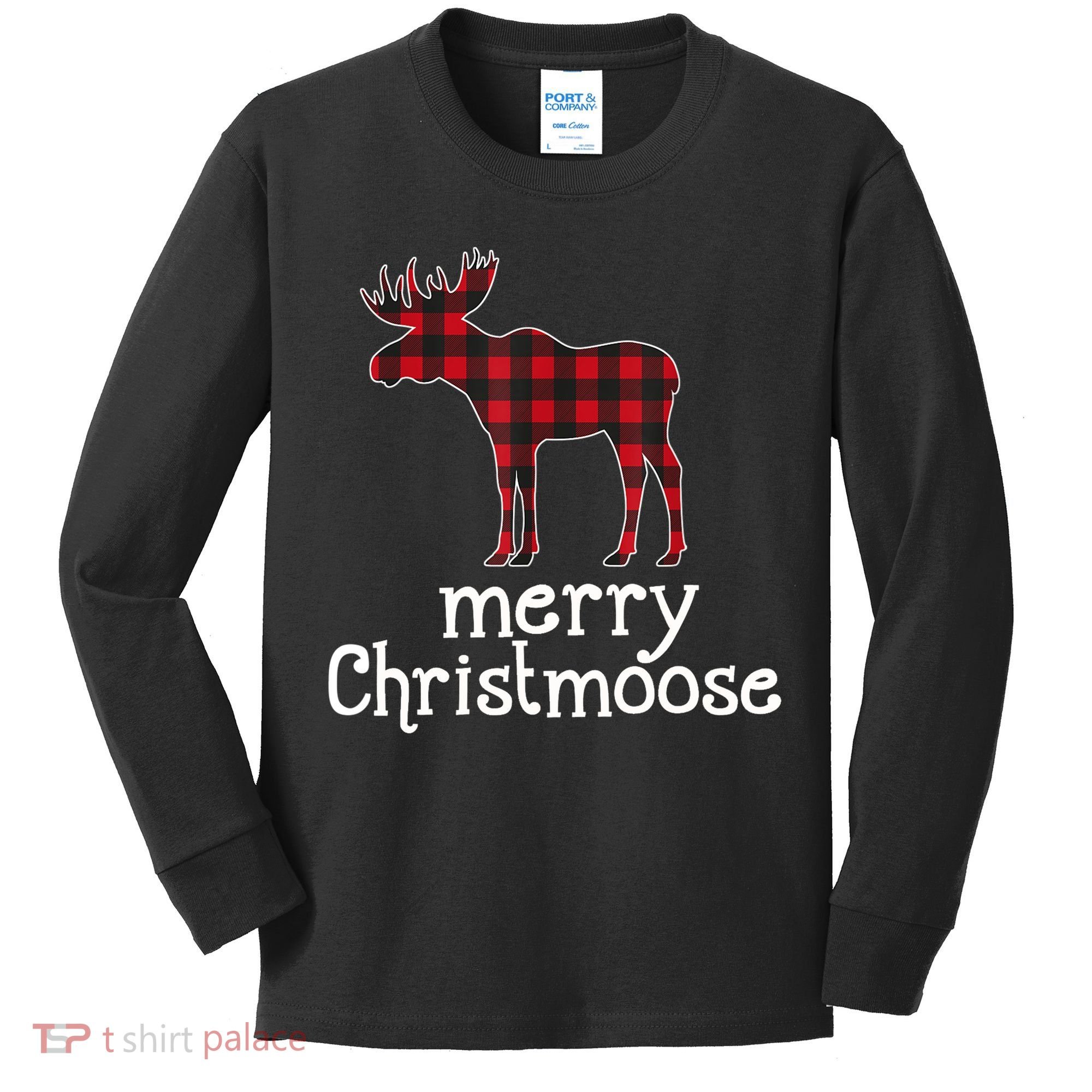 Red Plaid Merry Christmoose Christmas GIFT Kids Long Sleeve Shirt