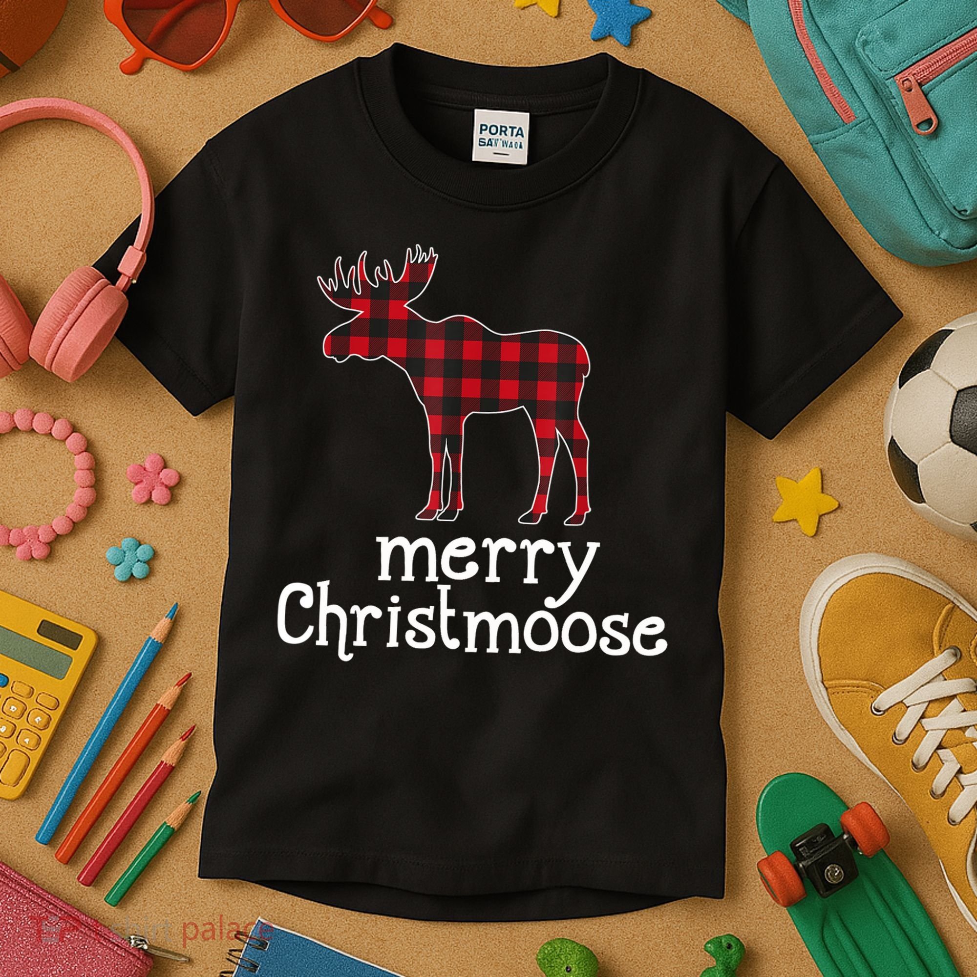Red Plaid Merry Christmoose Christmas GIFT Kids T-Shirt