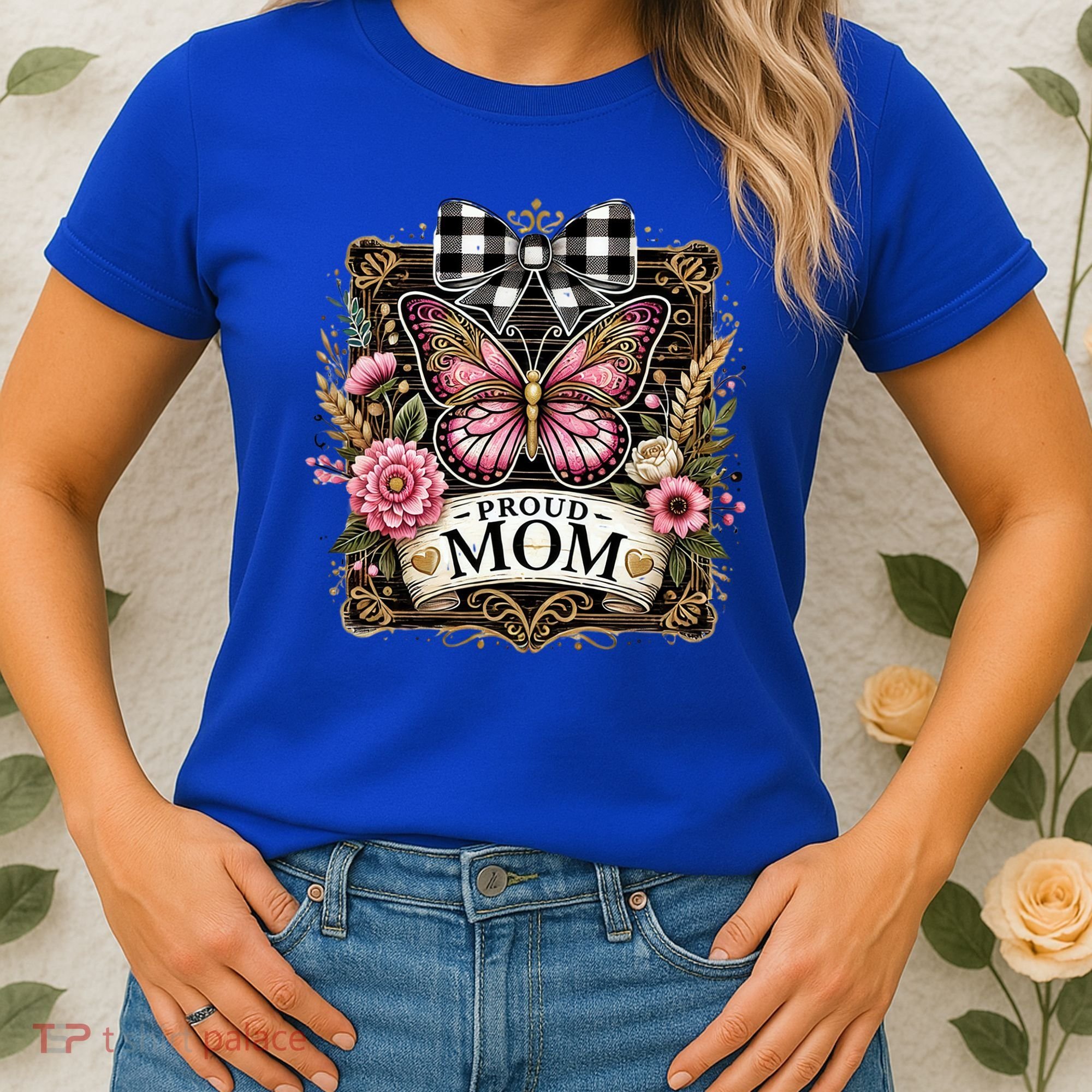 Rustic Proud Mom Elegant Butterfly & Flowers For Mothers  Women's T-Shirt