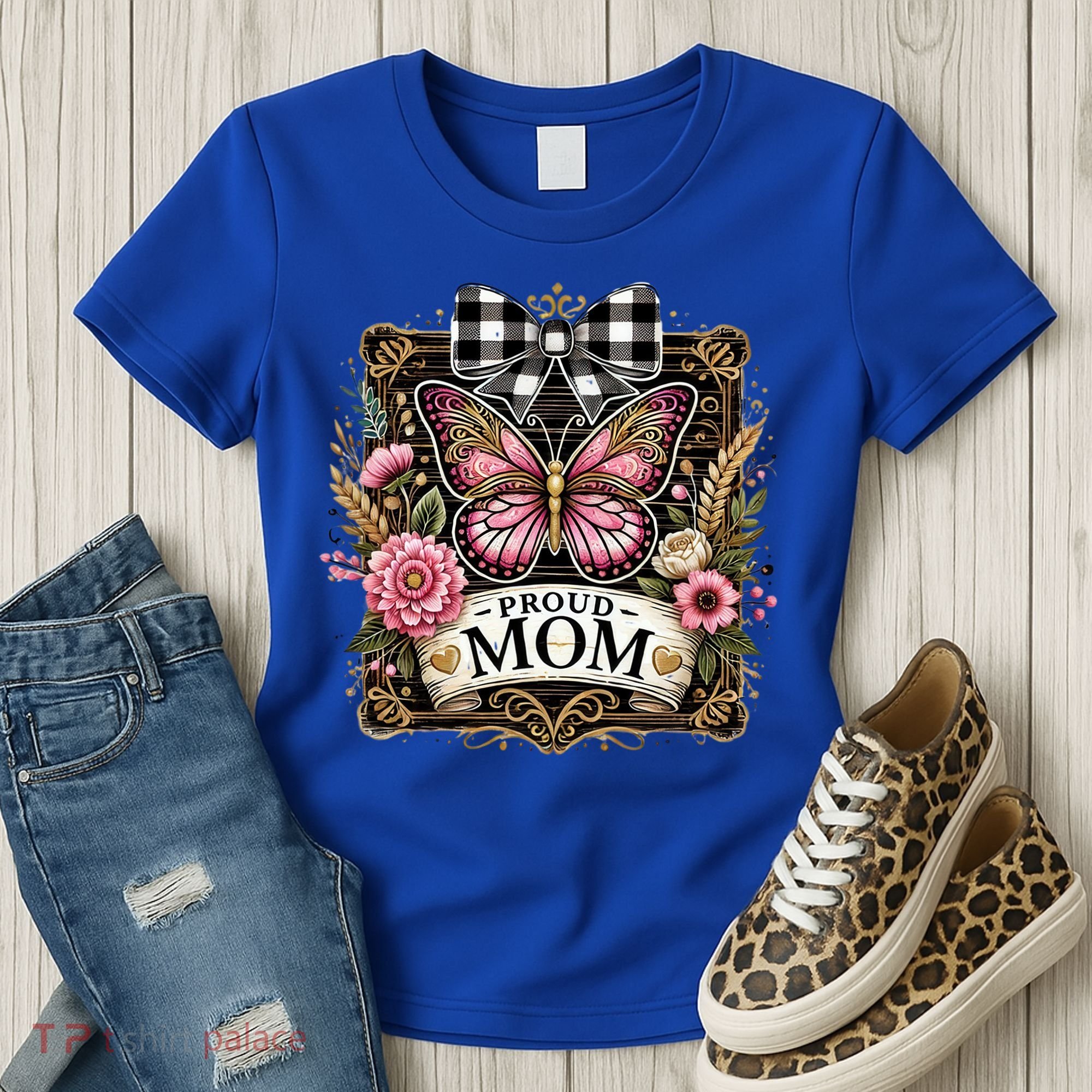 Rustic Proud Mom Elegant Butterfly & Flowers For Mothers  Women's T-Shirt