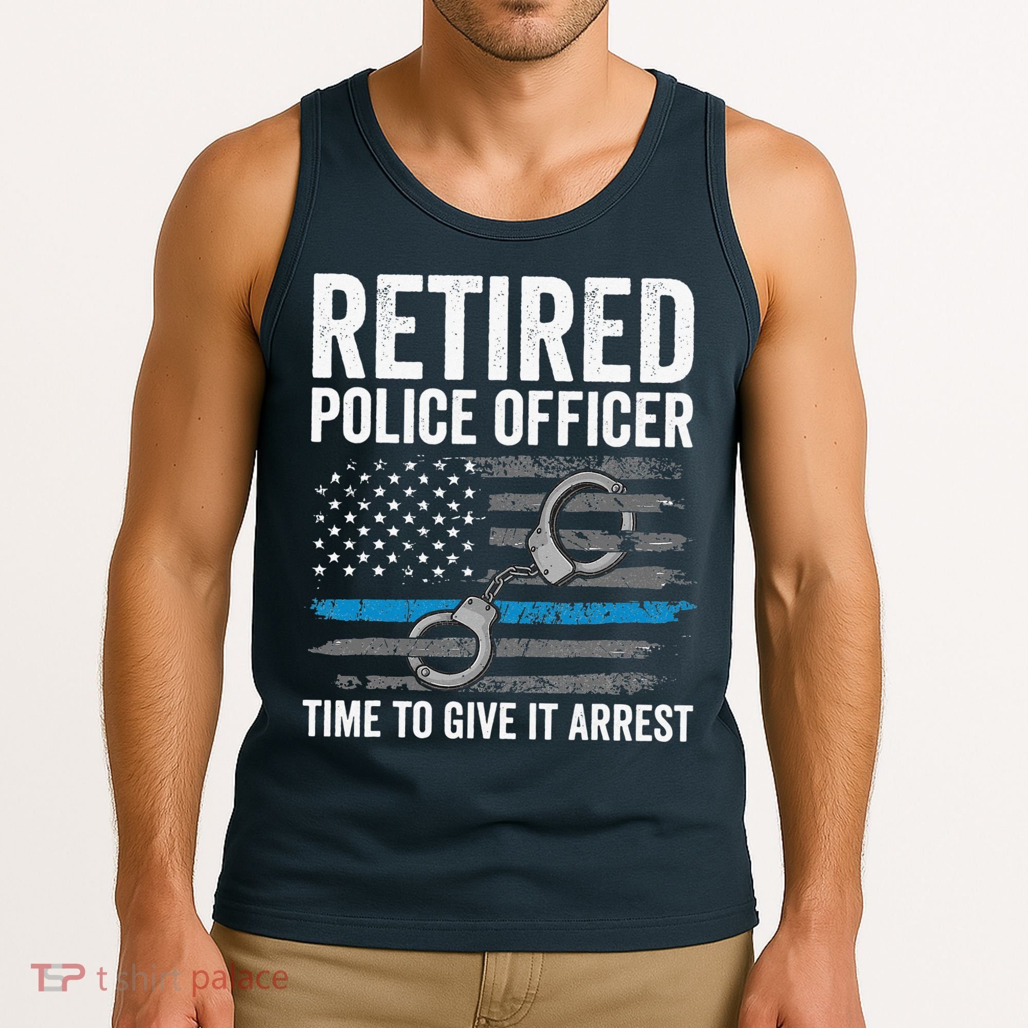 Retired Police Officer Blue Thin Line Flag Retirement Tank Top