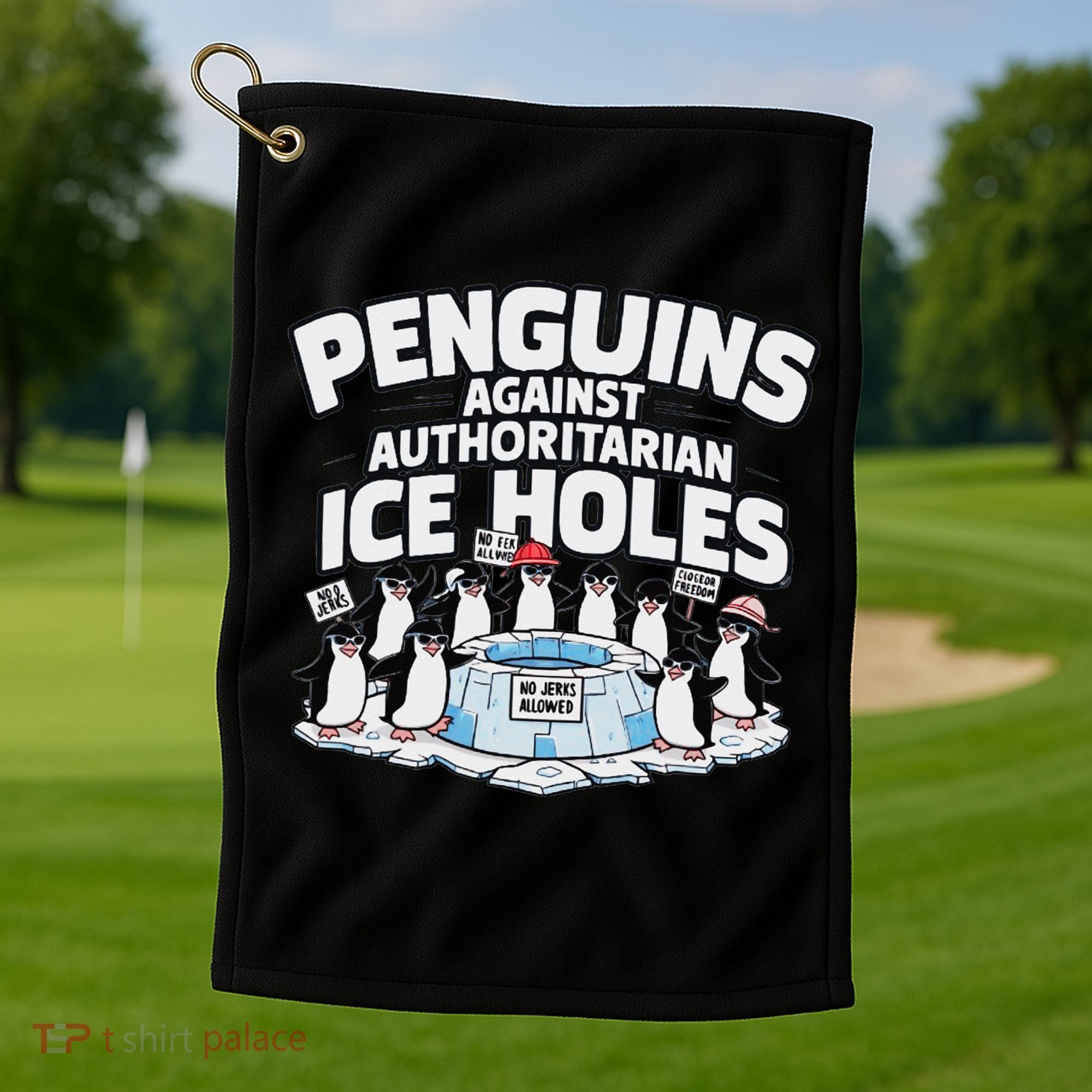 Resist Penguins Protest Funny Penguins Against Golf Towel